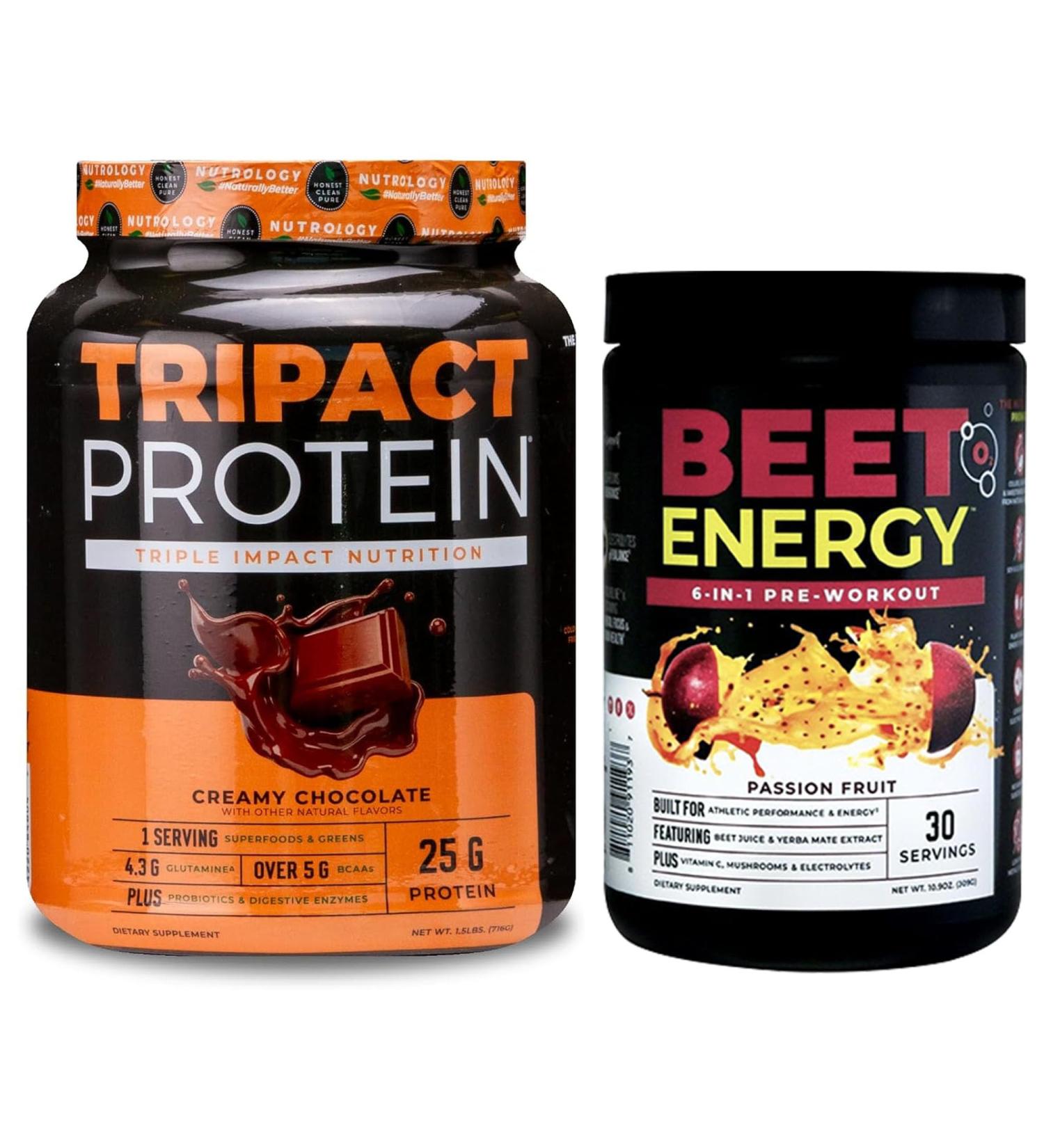 Nutrology Beet Natural O2 Pre Workout Powder Passion Fruit Flavor (30 Servings) TRIPACT Protein Powder 7-in-1 Meal Replacement Shake Creamy Chocolate Flavor (20 Servings) - Buy Online on GoSupps.com
