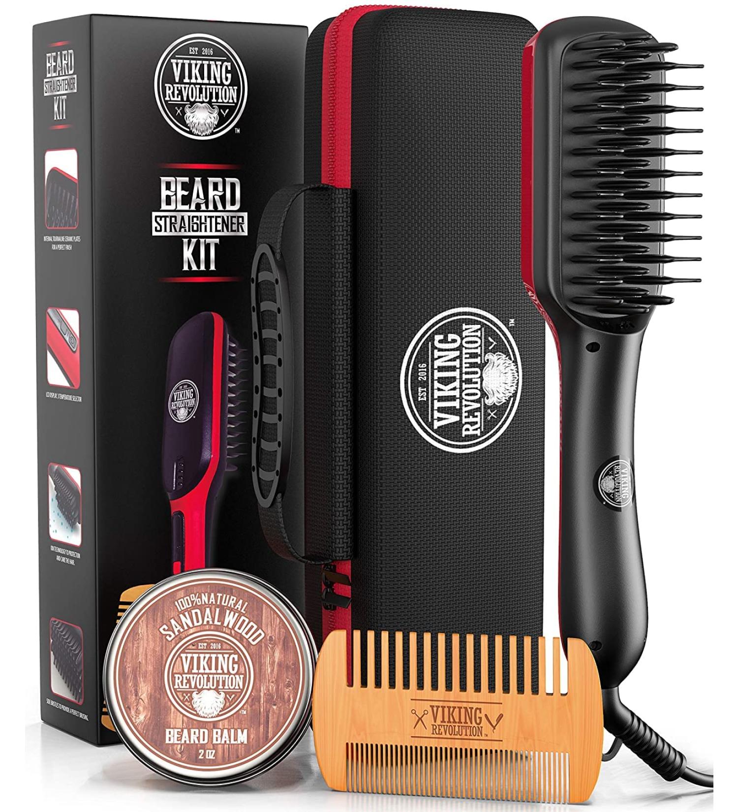 Men's Beard Straightener Brush - Fast Heating Ceramic Ionic Comb with Beard Balm & Wooden Comb - Buy Online on GoSupps.com