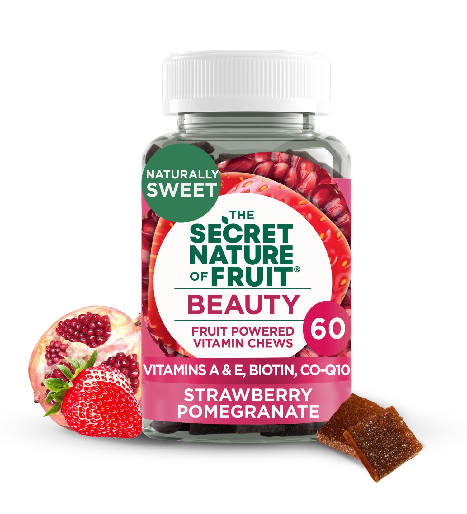 Secret Nature Fruit Beauty Chews - Vitamins A & E Biotin CoQ10 for Healthy Hair Skin & Nails - Gummy Strawberry & Pomegranate (60 Count - Buy Online on GoSupps.com