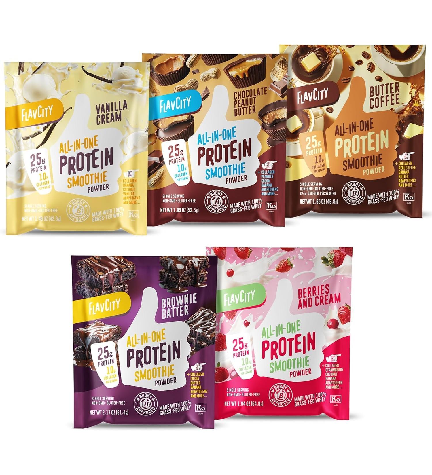 FlavCity Grass Fed Whey Protein Powder - Variety Pack - 25g Protein & 10g Collagen - 5 Single Serve Packets - Made with Organic Reishi & Cordyceps - Gluten Free & No Added Sugars - Buy Online on GoSupps.com