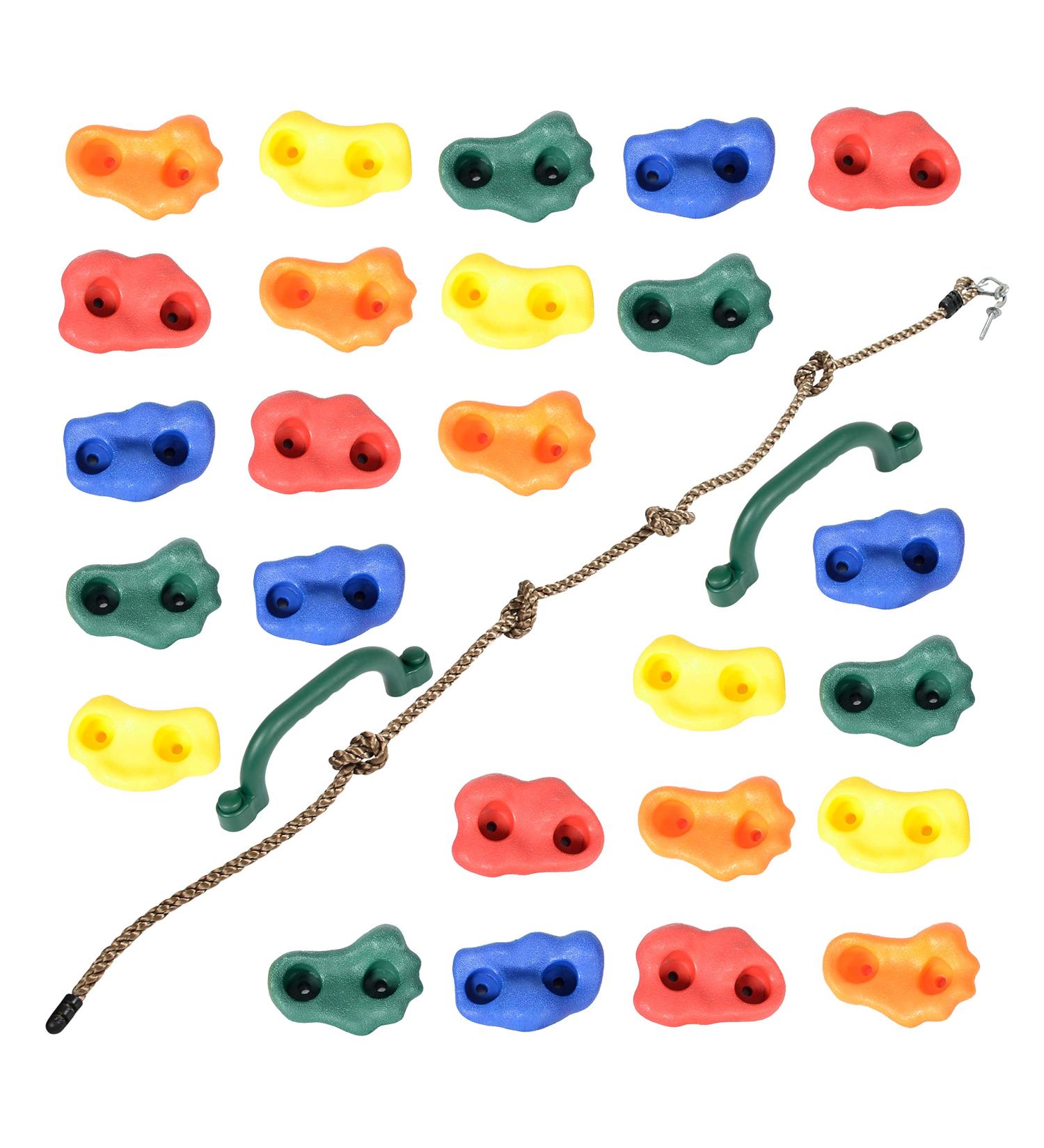 Milliard DIY Rock Climbing Holds Set with 8 Foot Knotted Rope - 25 Pc. Kit for Kids Indoor and Outdoor Play - Includes Mounting Screws, Handles, and Hooks - Buy Online on GoSupps.com