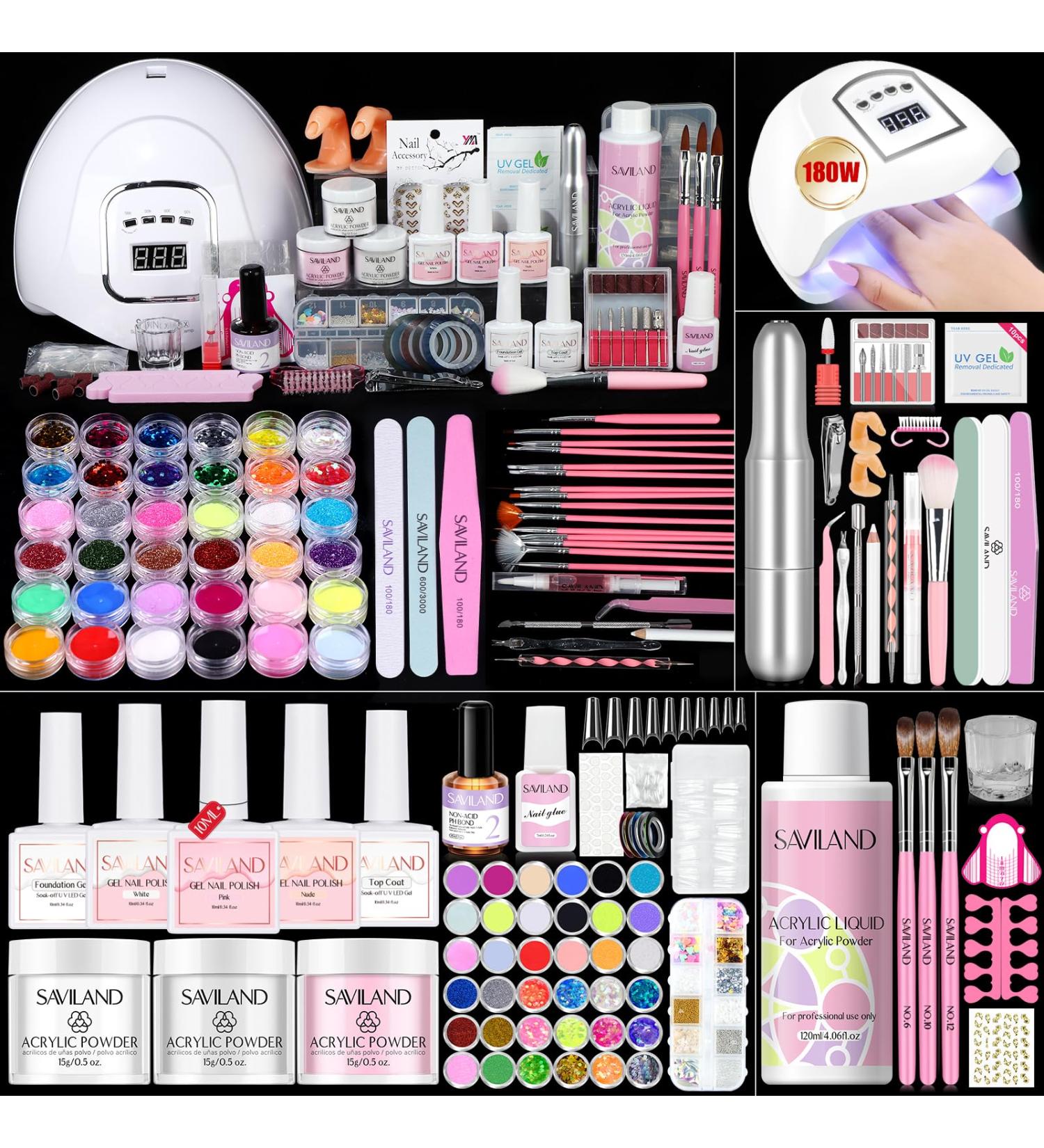 Saviland Acrylic Nail Kit for Beginners | Complete Nail Tools with Keratin Powder Castor Oil Gel Polish & 180W Nail Lamp - Buy Online on GoSupps.com