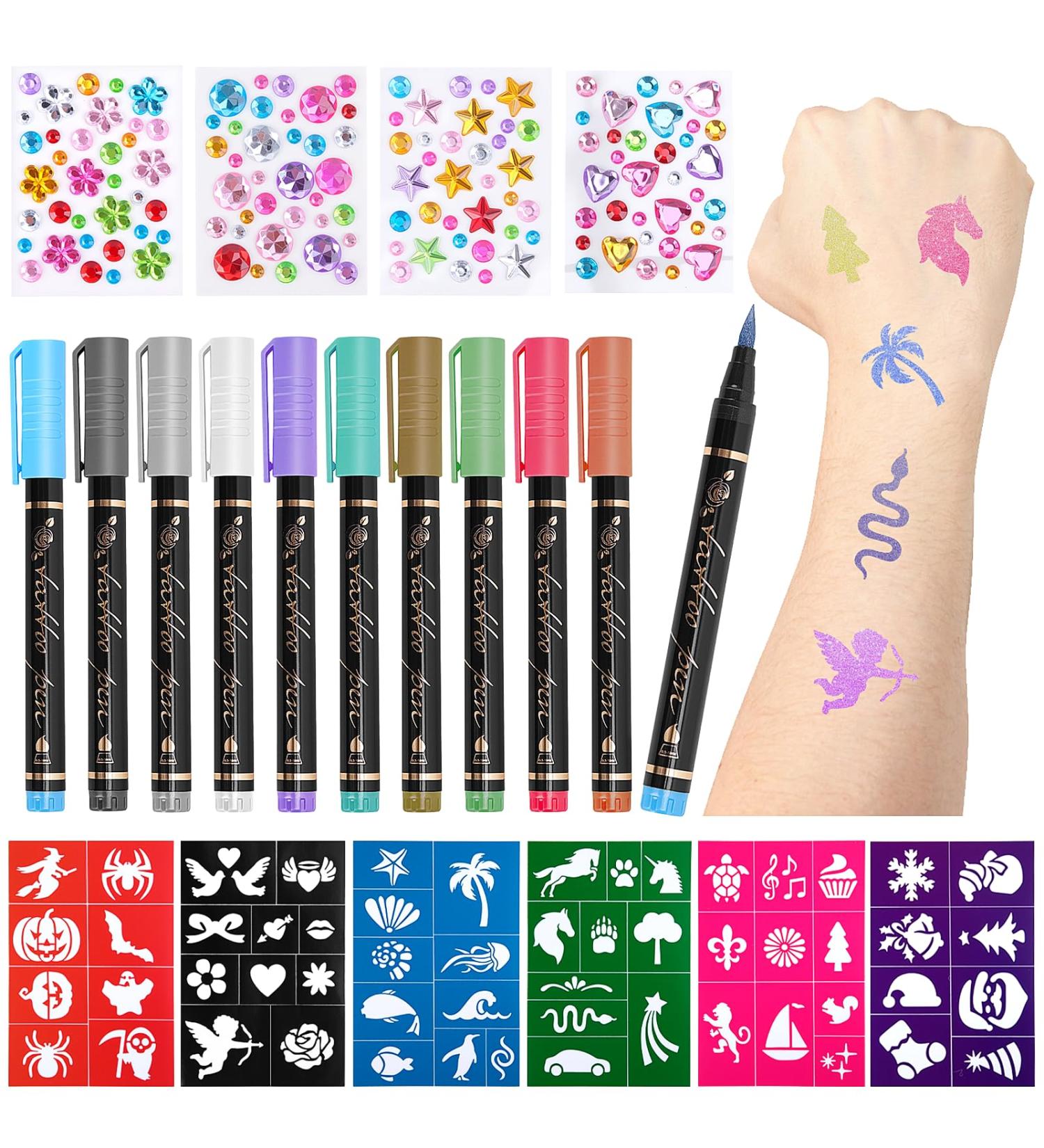  Meetory Meetory 10 Pcs Glitter Makeup Pencils Waterproof Skin-Friendly Temporary Makeup Pencils for Humans Adults Halloween Party Birthday with 6 Stencils and 4 Gems - Buy Online on GoSupps.com