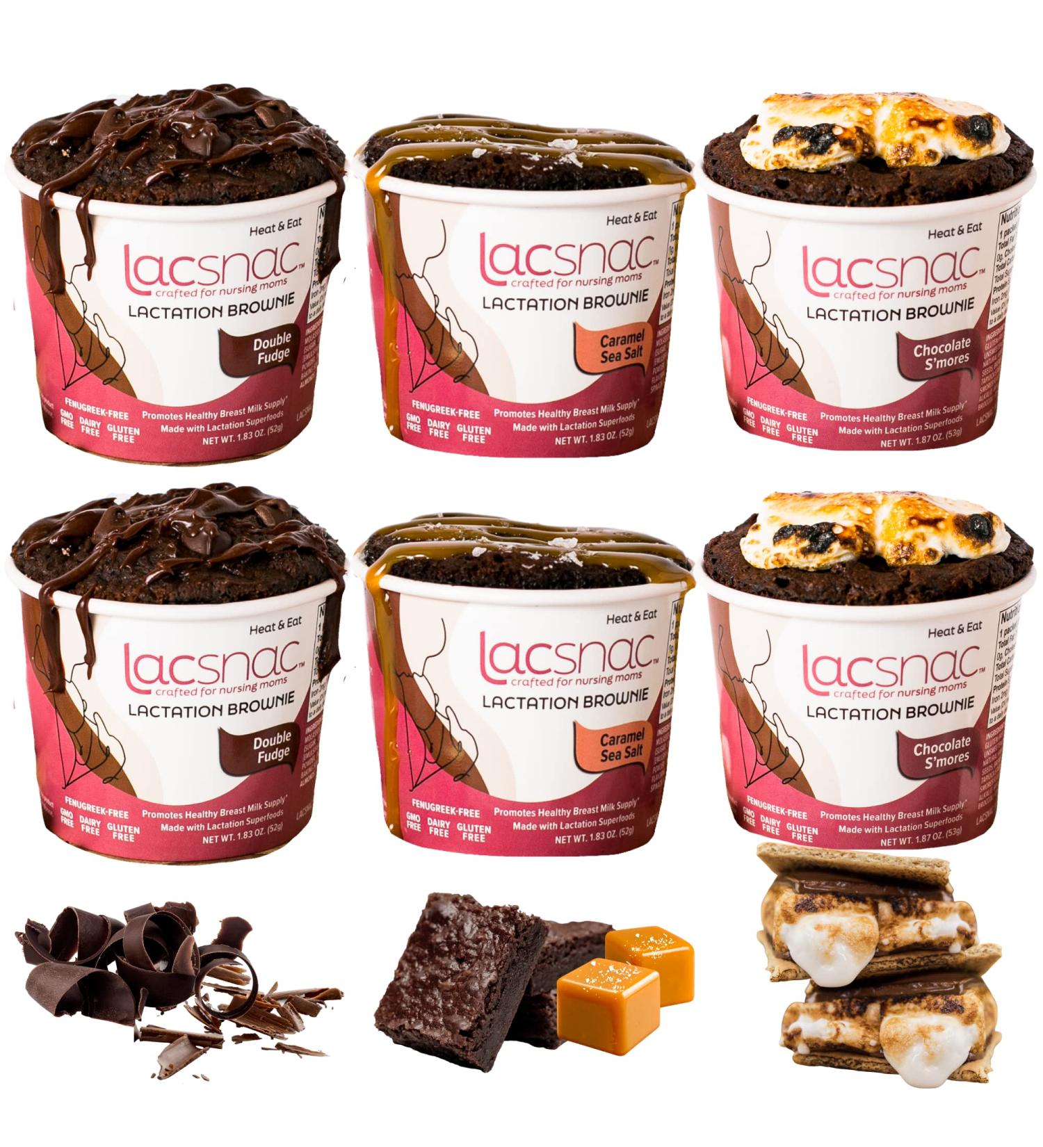 Lacsnac Lactation Brownie Cup Variety Pack - S'mores, Double Fudge, Sea Salt Caramel (1.83oz, Pack of 6) for Nursing Moms - Promotes Lactation Support & Healthy Breast Milk Supply - GMO-free & Glu - Buy Online on GoSupps.com