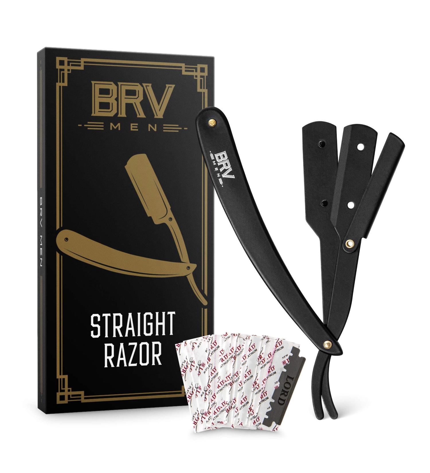 BRV MEN Professional GERMAN Steel Straight Edge Barber Razor with 100 Lord Platinum Single Edge Blades - German Stainless Steel Shavette for Men and Women - Black - Buy Online on GoSupps.com