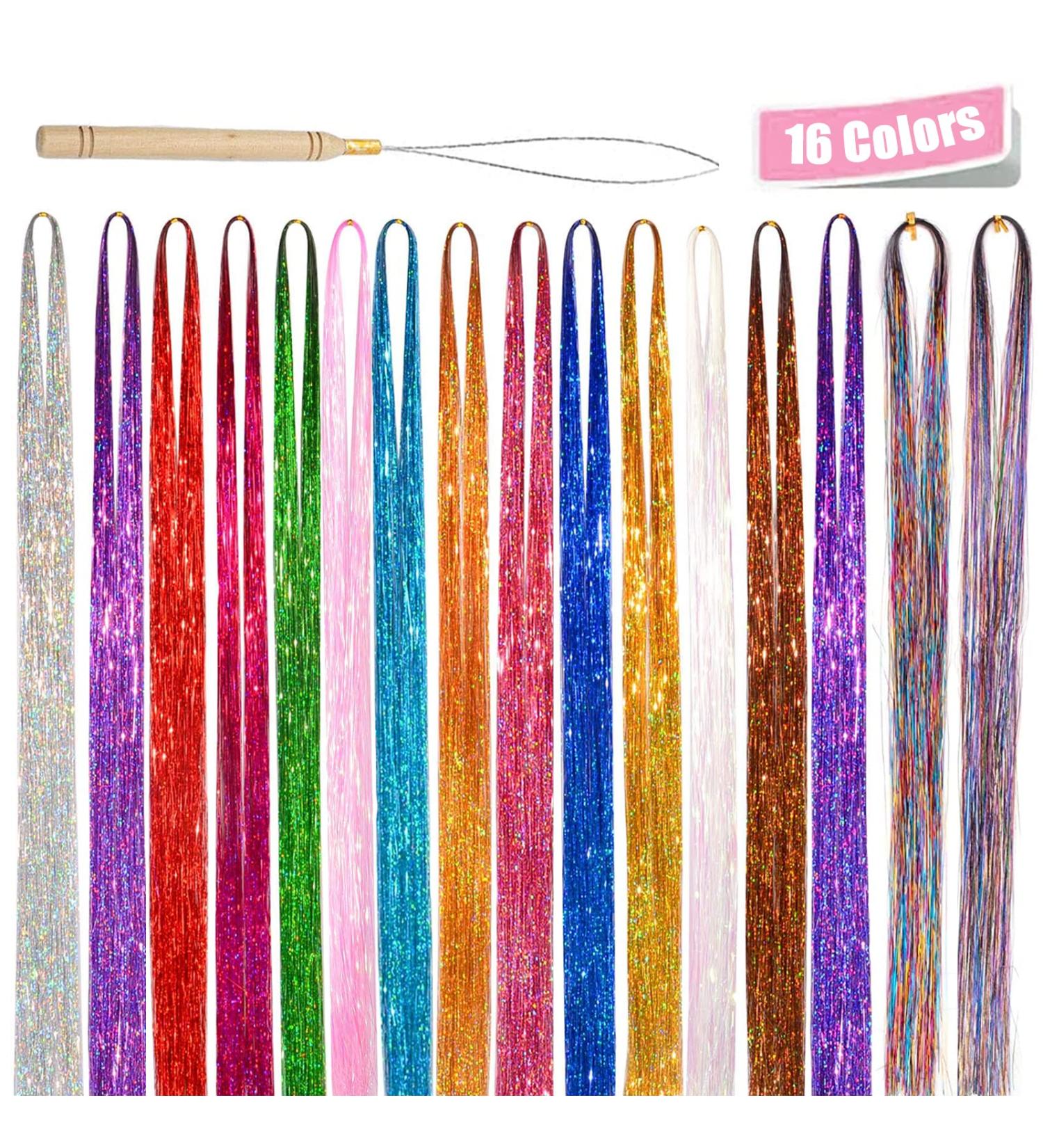 16 Colors Hair Tinsel Extensions with Tools Holographic Sparkle Glitter Highlights Hairpieces 47Inch Colorful Straight Shiny Tinsel Long Dazzle Synthetic Hair for Women Girls Party Decoration - Buy Online on GoSupps.com