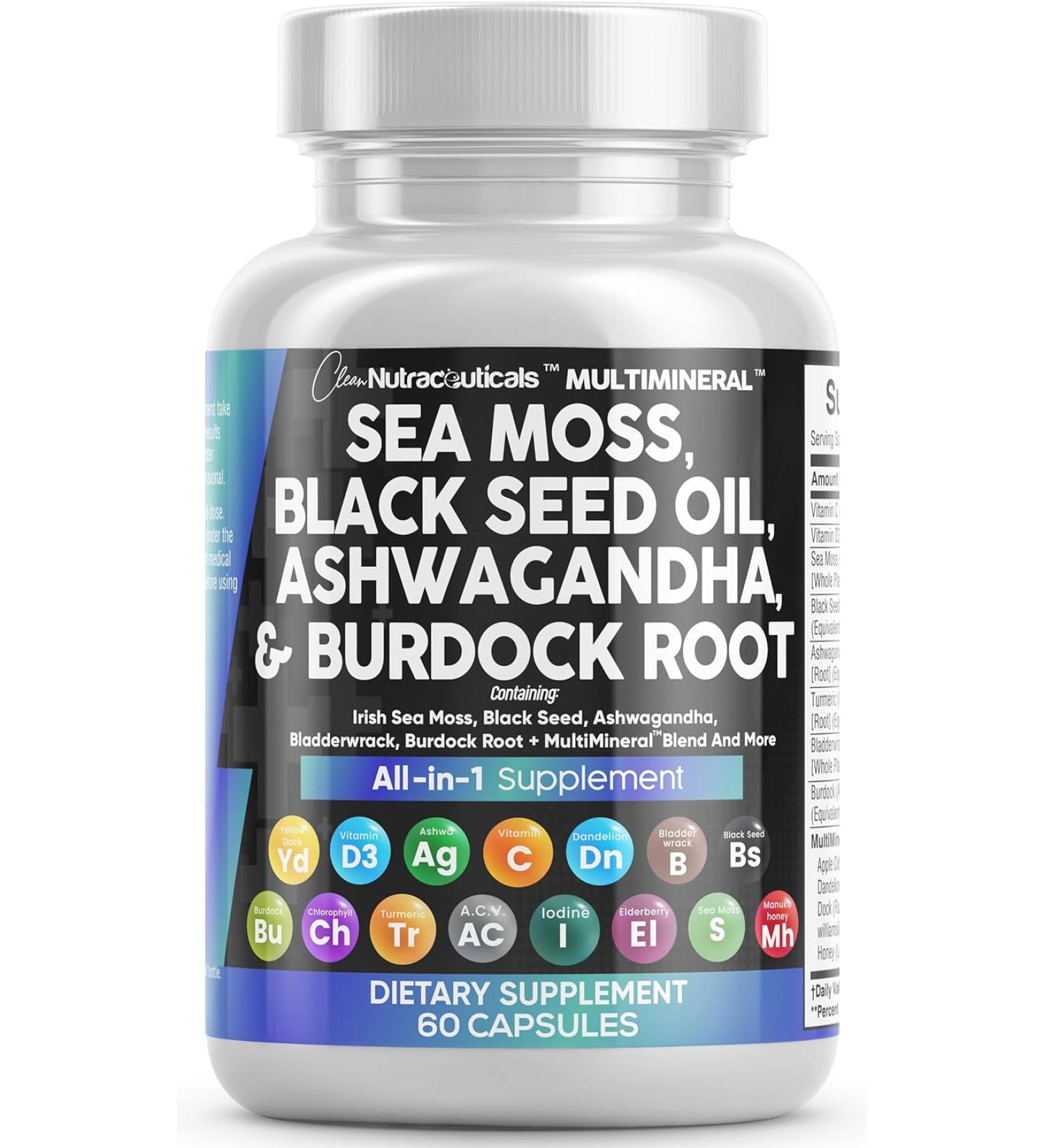 Sea Moss 3000mg Black Seed Oil 2000mg Ashwagandha 1000mg Turmeric 1000mg Bladderwrack 1000mg Burdock 1000mg - Immune Boosting Blend with Vitamin C, D3, Elderberry, Manuka, Dandelion, Yellow Dock, Iodine, Chlorophyll & ACV - Buy Online on GoSupps.com