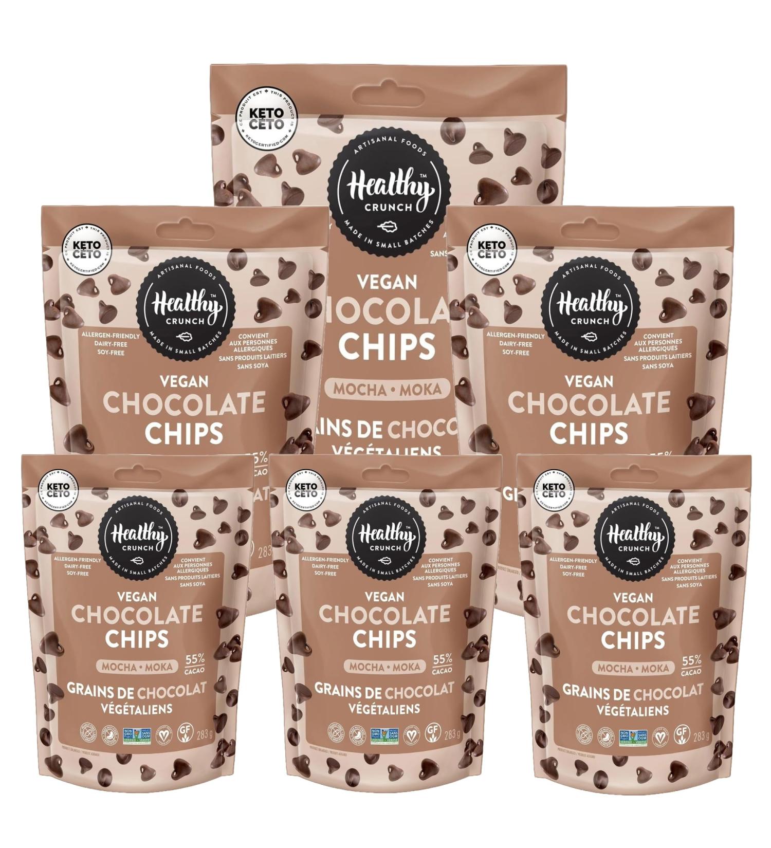 Healthy Crunch - Chocolate Chips - Mocha Chocolate - 6 units x 283 grams - Dairy Free Vegan High Protein - Organic Snacks - Dark & White Chocolate - Nut Free - Ideal Healthy Snacks for Adults - Vegan Chocolate Chip Cookies - Buy Online on GoSupps.com