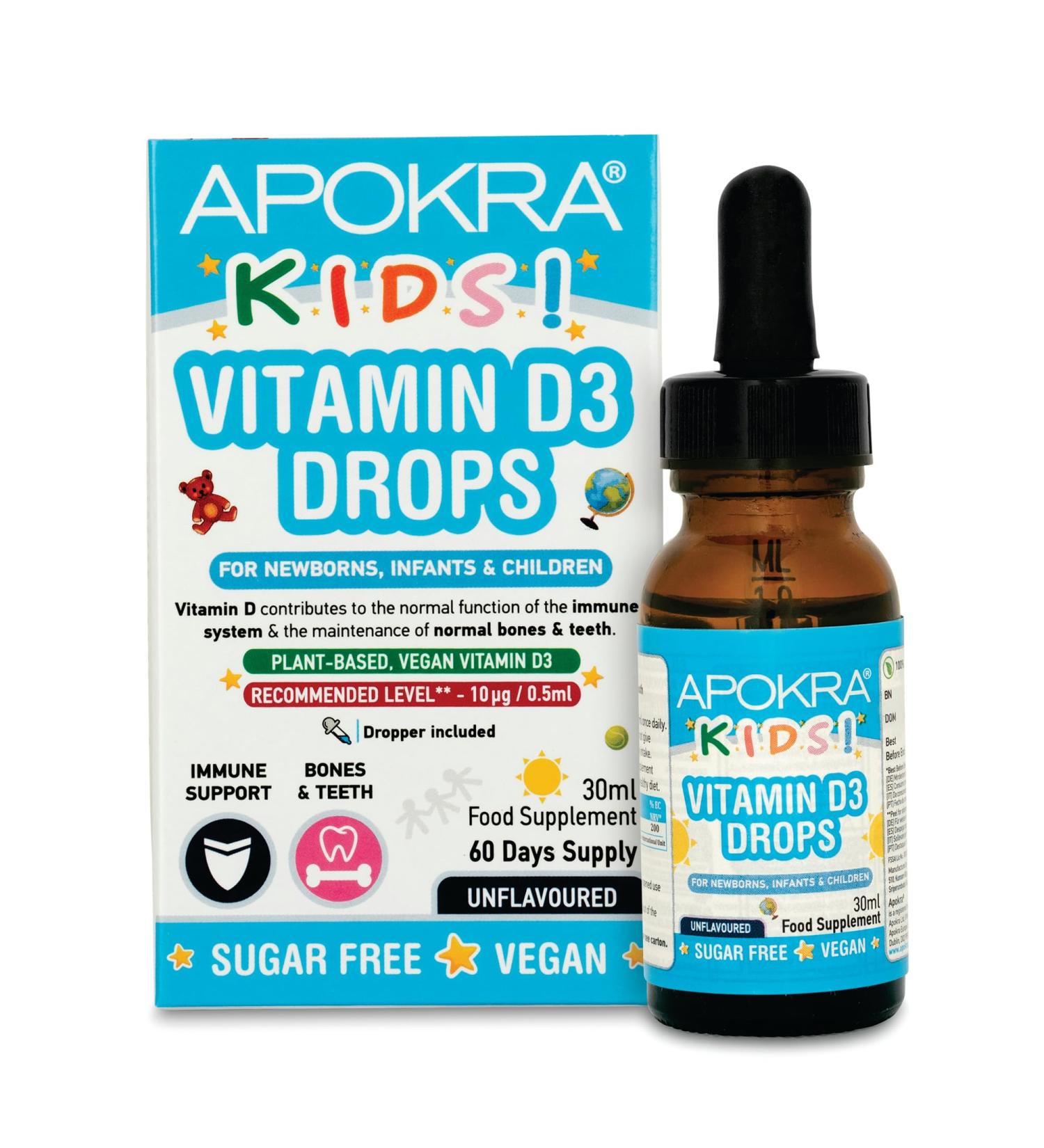 Vitamin D Drops for Kids - 60 Days Supply - 400IU in MCT Oil - Vegan & Sugar-Free | APOKRA Kids - Buy Online on GoSupps.com