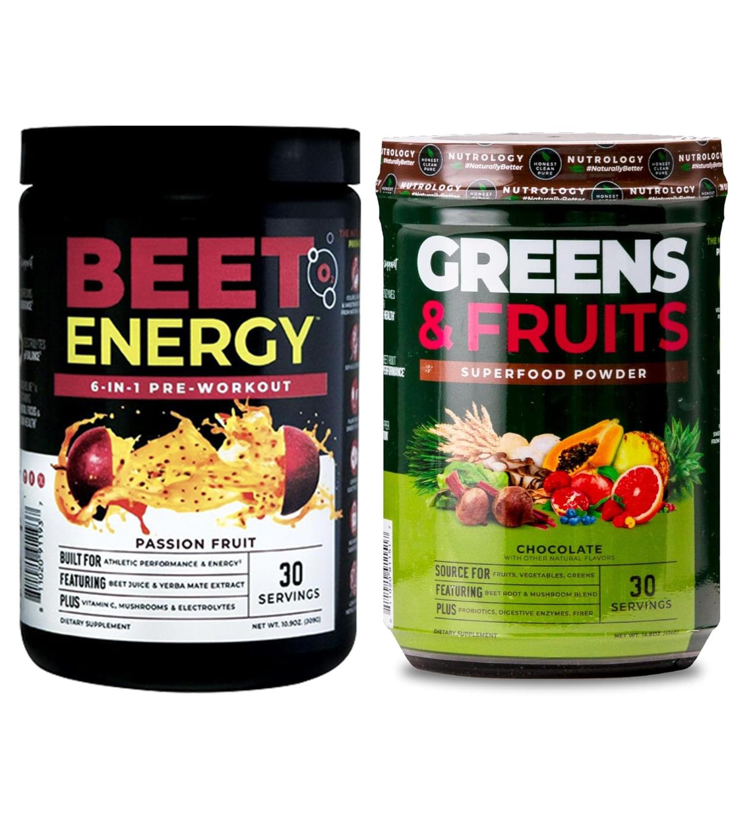 Nutrology Greens & Fruits Powder-Naturally Sourced Superfood Chocolate (30 Servings) Beet Natural O2 Pre Workout Powder Passion Fruit Flavor (30 Servings) - Buy Online on GoSupps.com
