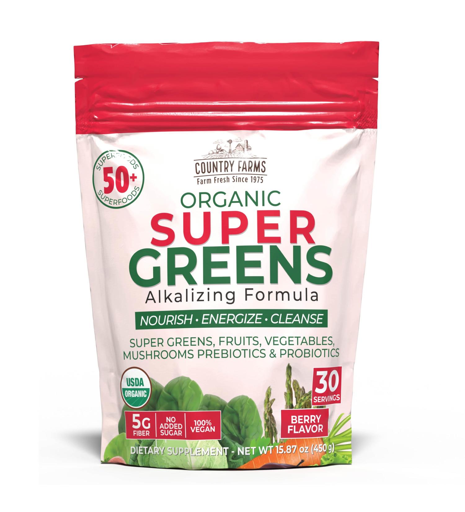 Country Farms Super Greens Berry Flavor, 50 Organic Super Foods, USDA Organic Drink Mix (Wheat Grass, Spirulina, Chlorella) Mushrooms & Probiotics, with Fiber, Gut Health, Natural Energy, 30 Servings Berry 15.87 Ounce (Pack  - Buy Online on GoSupps.com
