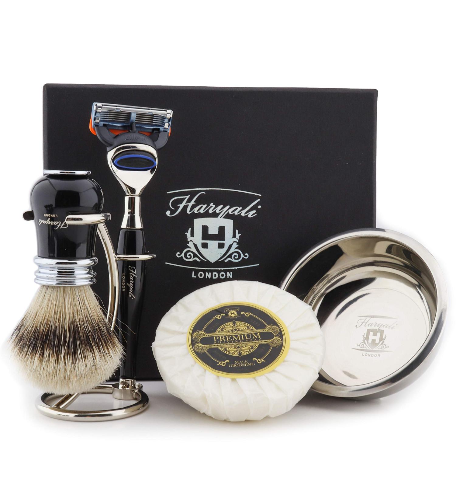 Haryali London Luxurious Shaving Set for Men - 5 Blades Silver Tip Brush Stand Soap & Bowl - Perfect Gift - Buy Online on GoSupps.com