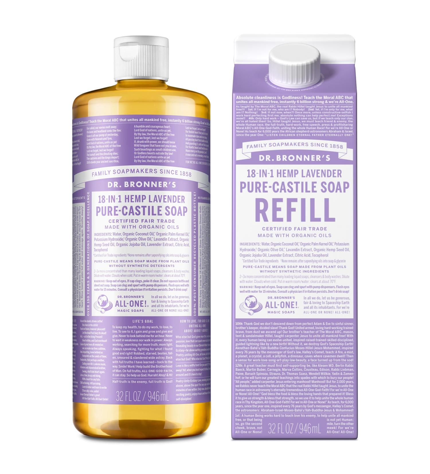 Dr. Bronner's 32oz Pure-Castile Liquid Soap - Lavender | Eco-Friendly 18-in-1 Uses Regenerative Organic Oils Less Plastic Refill - Buy Online on GoSupps.com