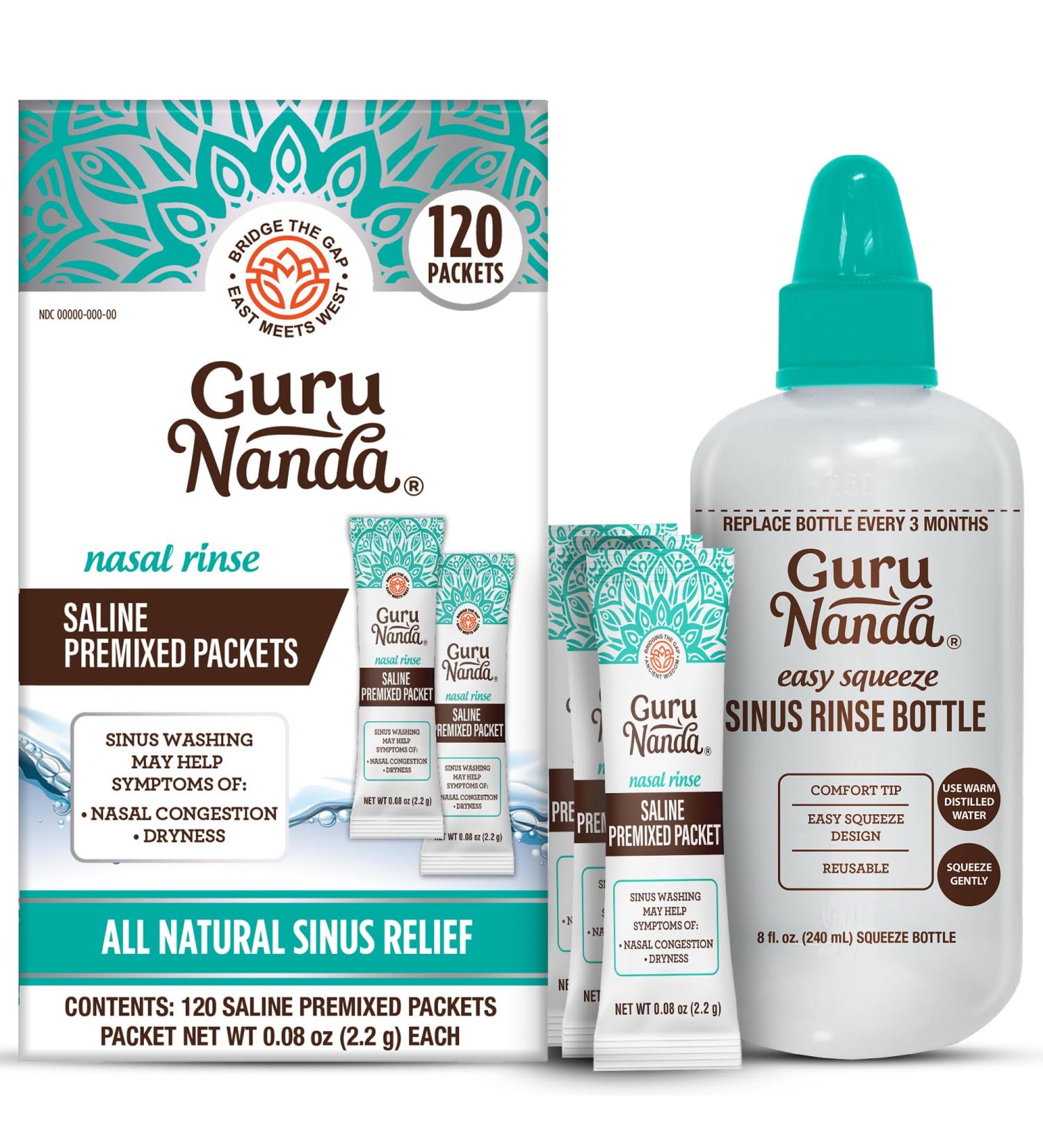 GuruNanda Sinus Rinse Bottle & Saline Premixed Packets 120ct - All Natural Sinus Rinse Packets to Help with Allergies & Congestion Relief 0.08oz Each 120 Count (with Sinus Rinse Bottle) - Buy Online on GoSupps.com