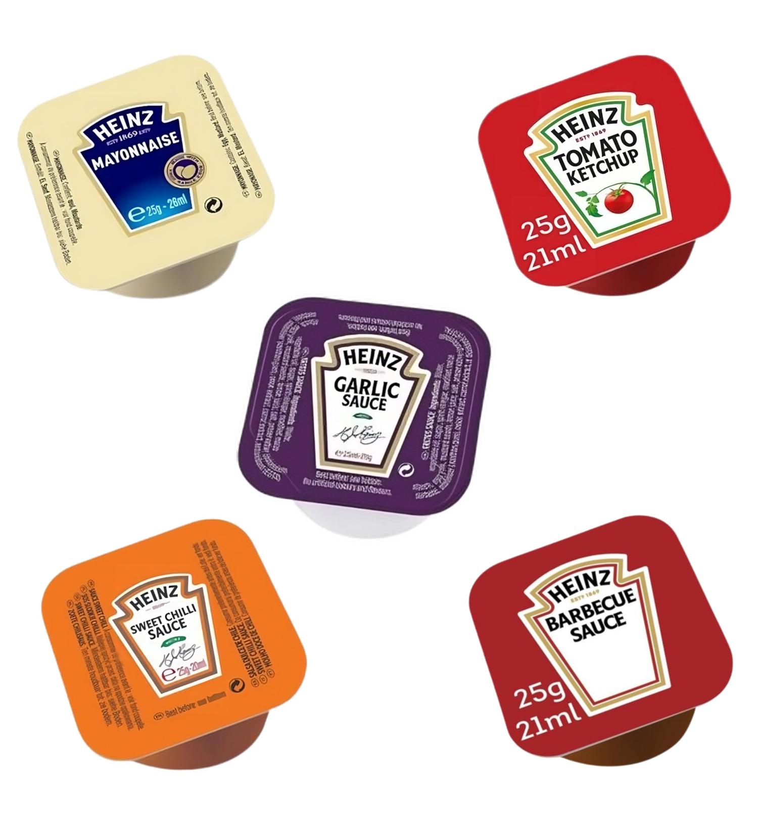 Heinz Sauce Mayonnaise Ketchup Dip Pick N Mix | Choose From 4+ Flavours | Tomato Ketchup Mayonnaise Barbecue Sweet Chilli Garlic Dip - Pack of 60 (12 of each) X 25g - Buy Online on GoSupps.com