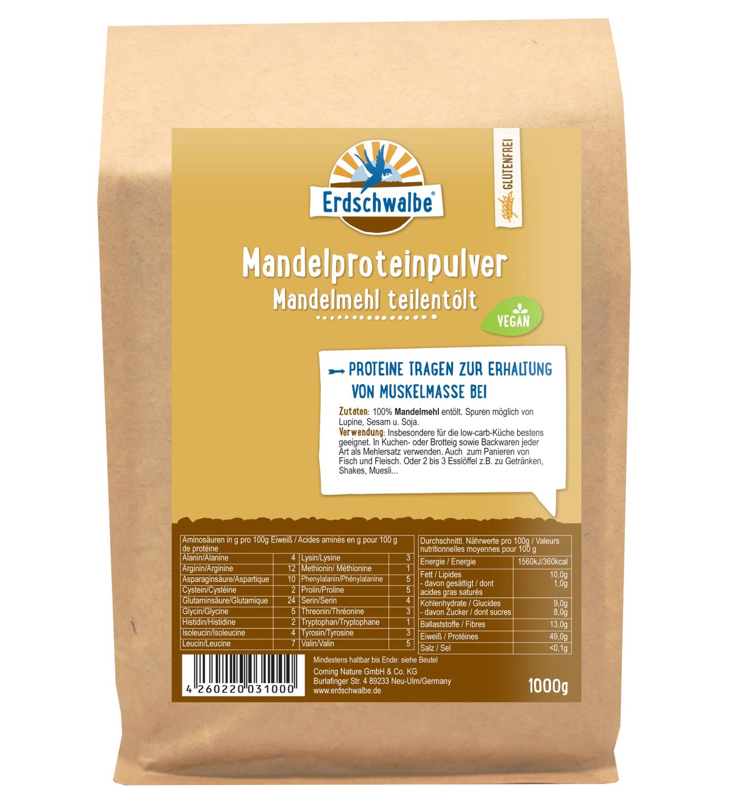 Erdschwalbe almond protein - partially defatted almond flour - 49% protein content - vegan protein powder - 1 kg