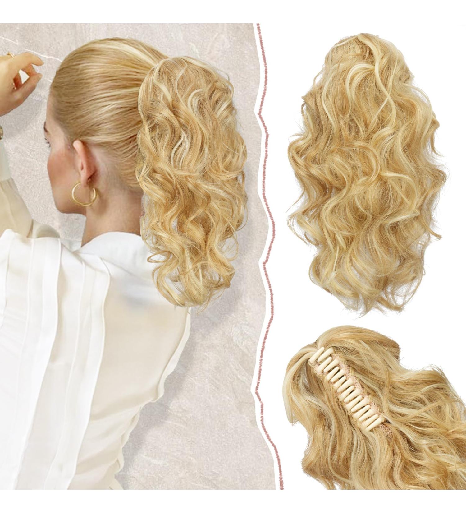 Sofeiyan 13 Inch Curly Ponytail Extension Claw Clip in Hairpiece for Women - Light Brown Mix Bleach Blonde - Natural Wave Synthetic Clip-in Pony Tail - Buy Online on GoSupps.com
