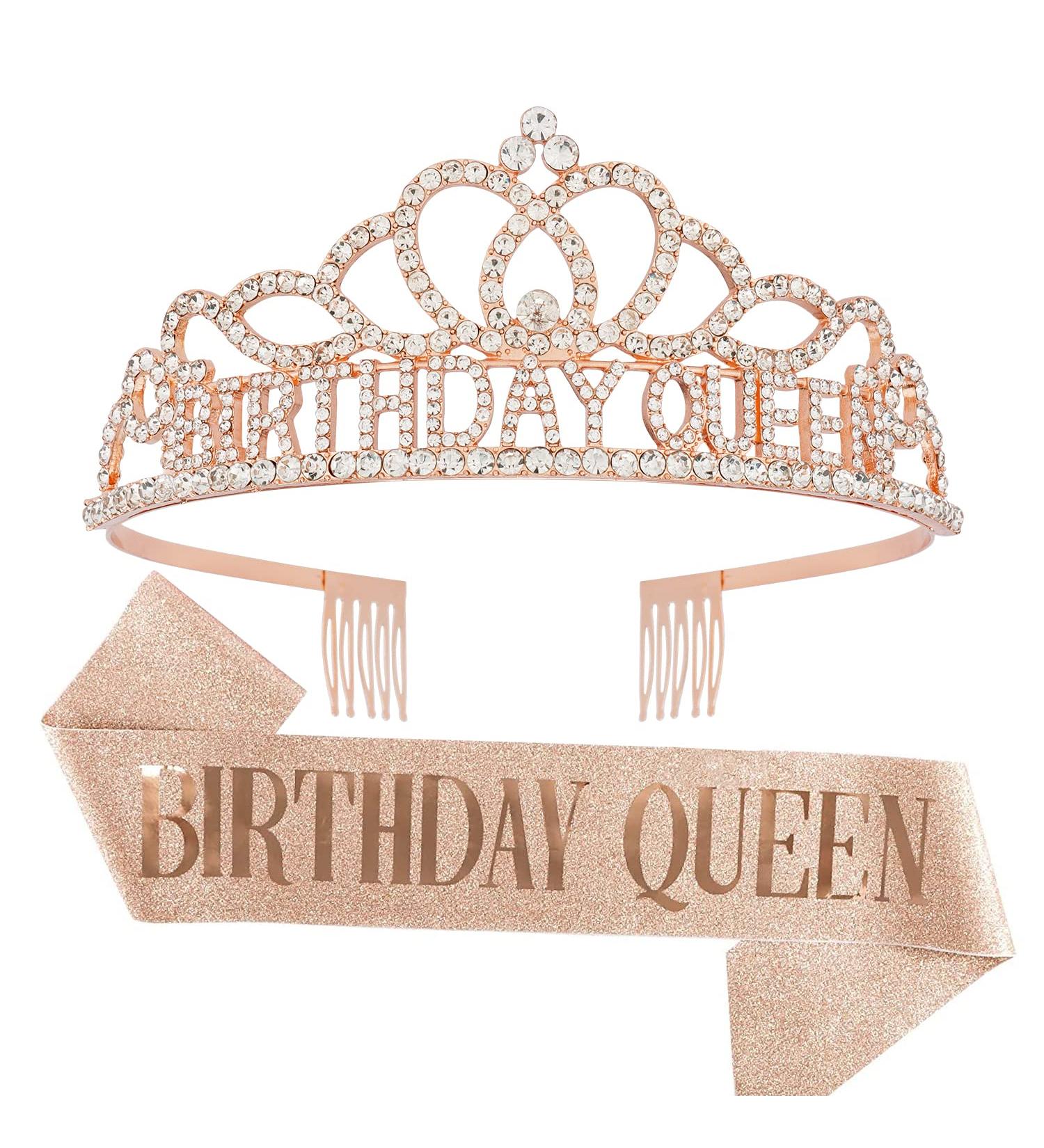 Chanaco Rose Gold Birthday Crown & Sash Set for Women | Birthday Queen Tiara & Sash | Happy Birthday Decorations - Buy Online on GoSupps.com