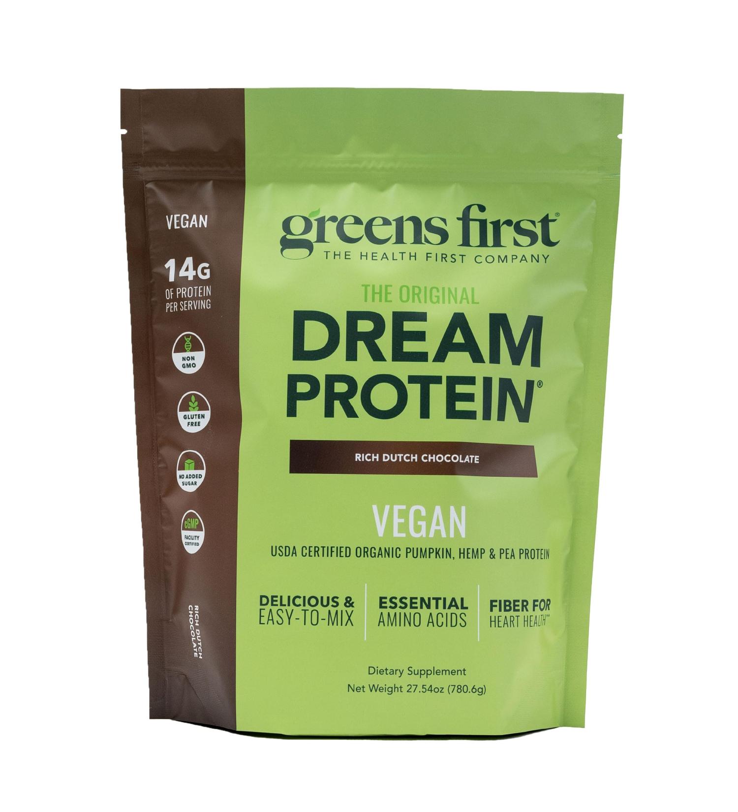 Greens First Dream Protein Plant-Based Vegan Powder - USDA Organic Pumpkin Hemp & Pea Protein - Gluten-Free Non-GMO No Added Sugar (Rich Dutch Chocolate 27.54 oz) - Buy Online on GoSupps.com