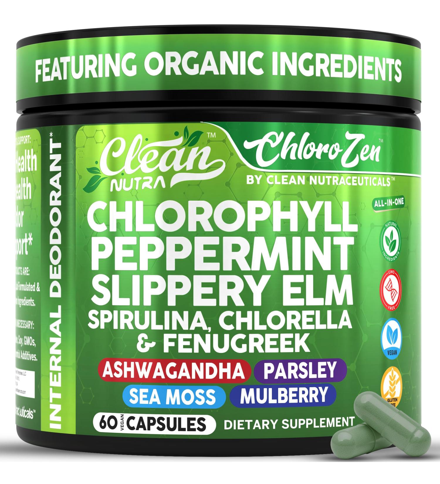 Clean Nutra Chlorophyll Capsules + Peppermint Slippery Elm Spirulina Chlorella Fenugreek Ashwagandha Sea Moss Supplement Ph Balance for Women Detox Internal Deodorant Supplement + Prebiotics 60 Ct - Buy Online on GoSupps.com