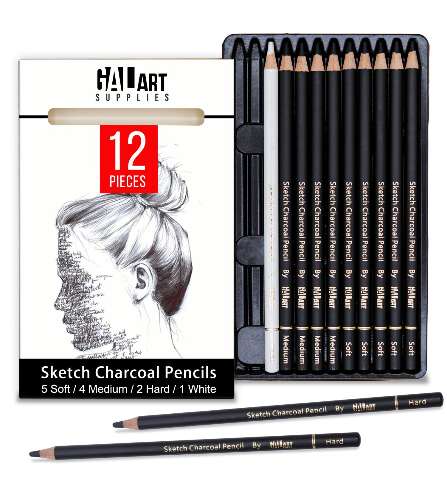 Galart Supplies Charcoal Drawing Set - 12 Piece Pre-Sharpened Pencils for Artists and Beginners | Soft, Medium, Hard, and White Charcoal Pencils for Drawing, Shading, and Sketching with Organizer Tray - Buy Online on GoSupps.com