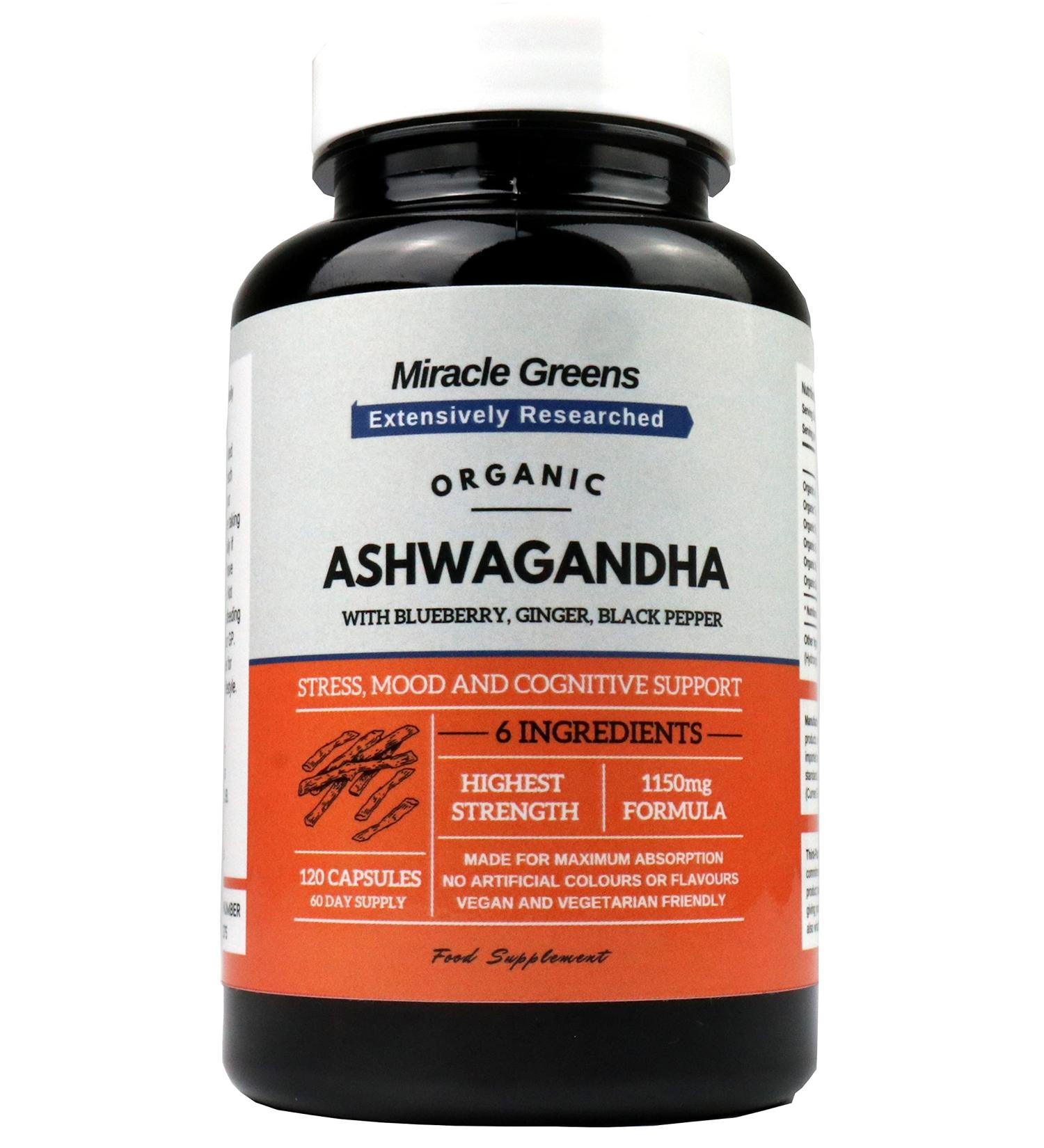 Organic Ashwagandha 1150mg Capsules with Blueberry, Turmeric, Ginger & Black Pepper | Mood, Anxiety & Stress Relief | Max Strength Root Extract - 5% Withanolides | 120 Count - Buy Online on GoSupps.com