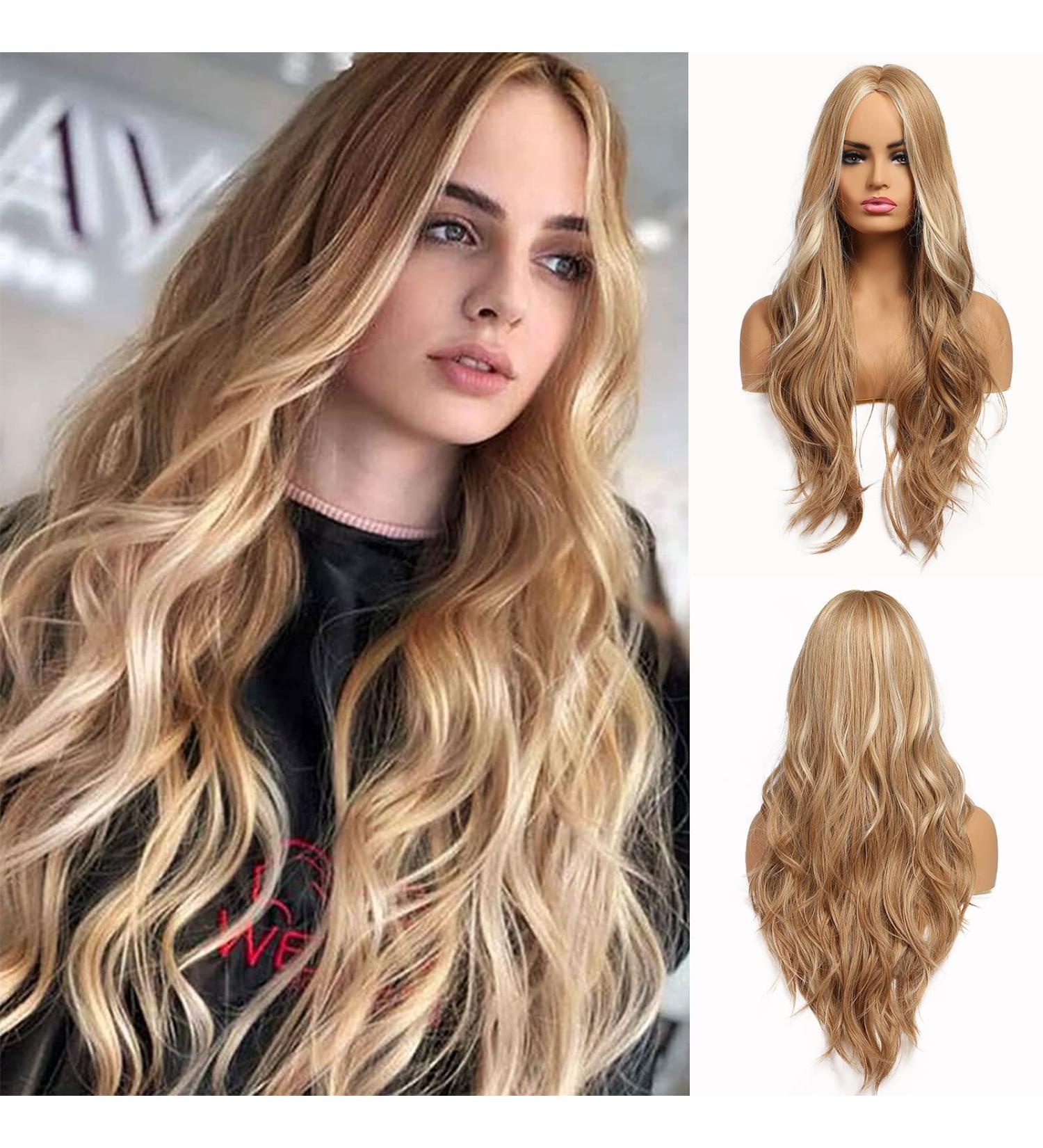 Esmee 24 Long Brown Ash Blonde Wigs for Women | Natural Wavy Synthetic Hair Wig - Middle Part - Buy Online on GoSupps.com
