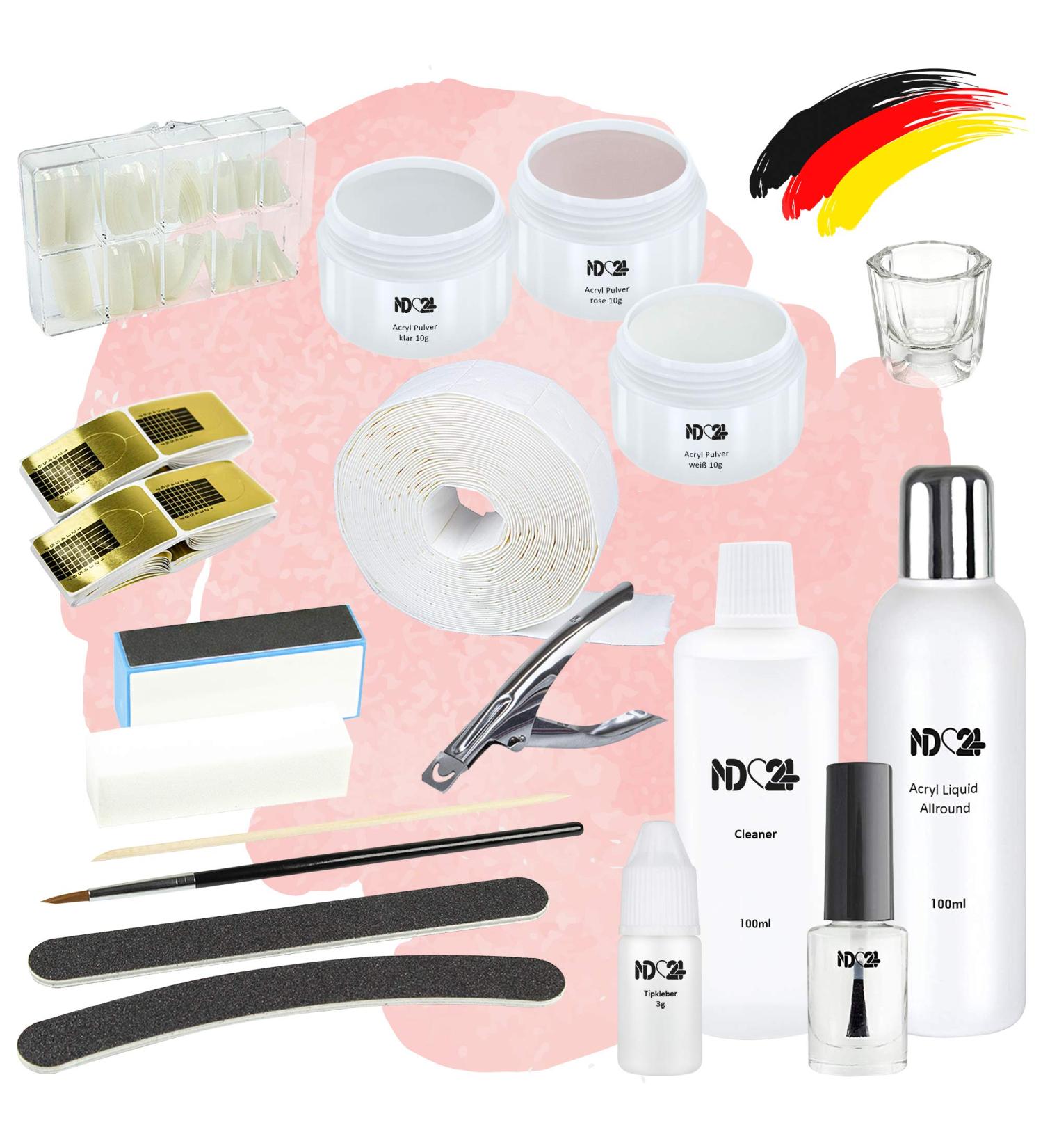 ND24 NAILDESIGN Acrylic Starter Set - 18-Piece Complete Studio Kit with Color Powder Liquid Brush Tips & Accessories for Perfect Acrylic Nails - Buy Online on GoSupps.com