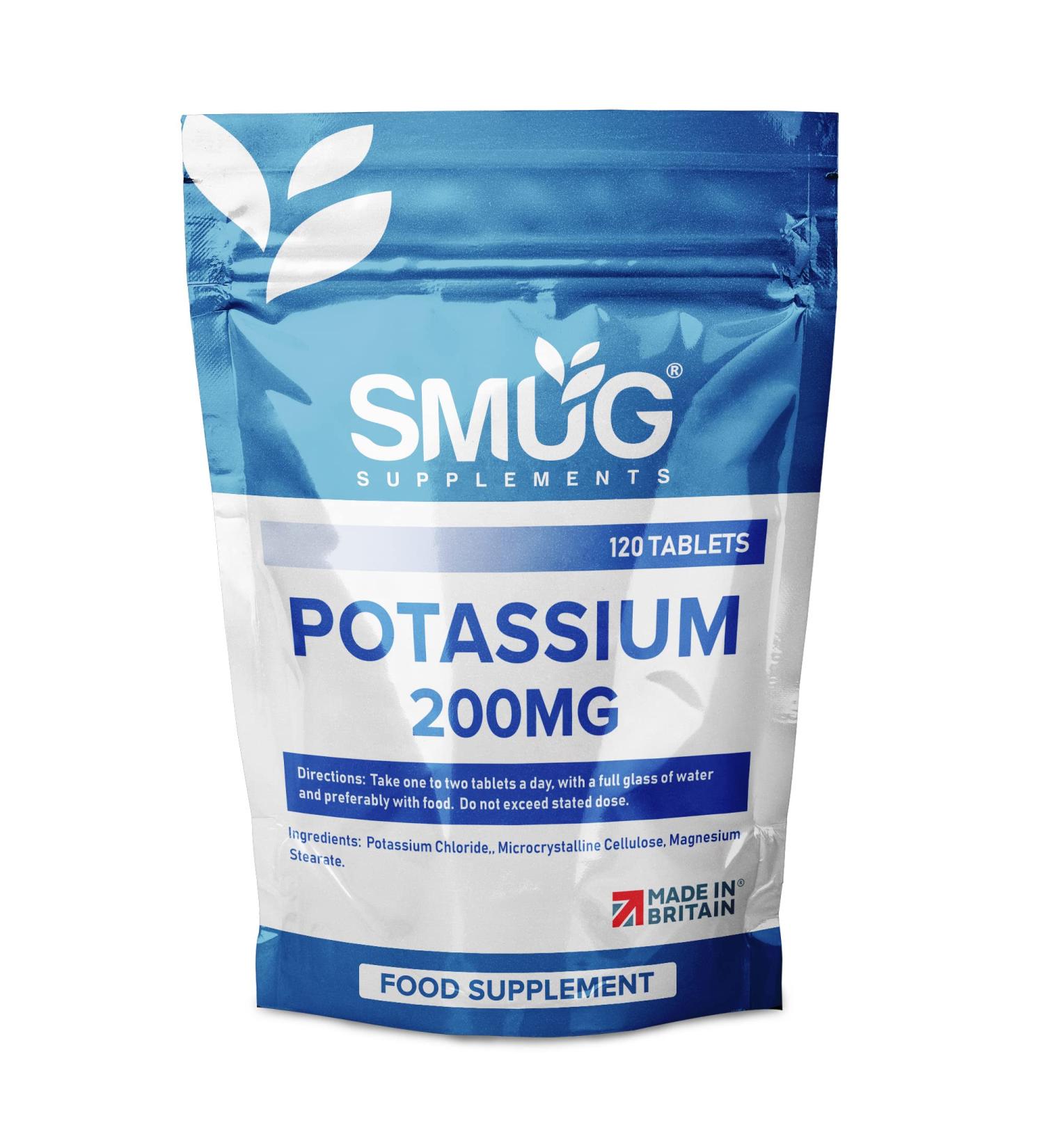 SMUG Potassium Tablets - 120 High Strength 200mg Pills - Supports Blood Pressure and Muscle Function - Vegan Friendly - Made in Britain - Buy Online on GoSupps.com
