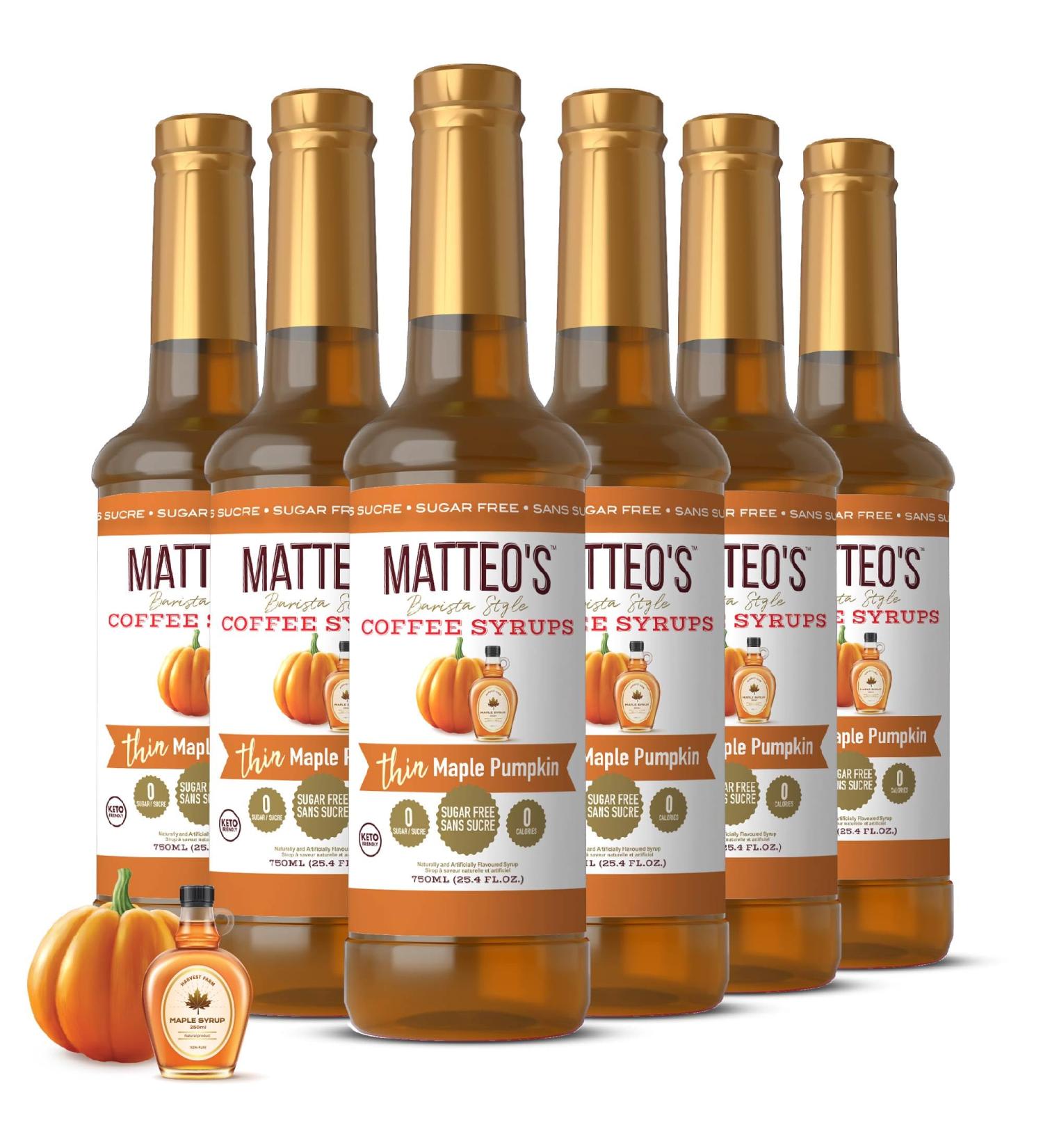 Matteo's Barista Style Sugar-Free Coffee Syrup Maple Pumpkin Flavor Zero Calories and Sugar Keto Friendly Ideal for Lattes Cappuccinos Espresso Americano Indulgent Taste 25.4 Oz 6-Pack 750 ml (Pack of 6) - Buy Online on GoSupps.com