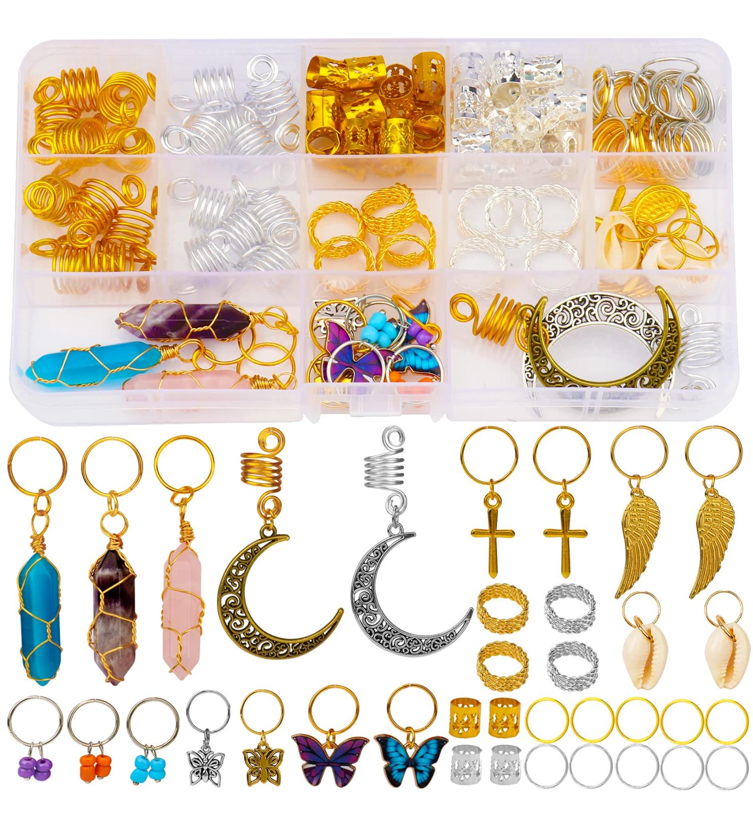 Handmade Wire Wrapped Crystal Loc Jewelry Set - 128 Pieces for Dreadlocks, Braids, and Twists | Butterfly Hair Rings, Charms, and Cuffs for Women, Men, and Girls - Buy Online on GoSupps.com