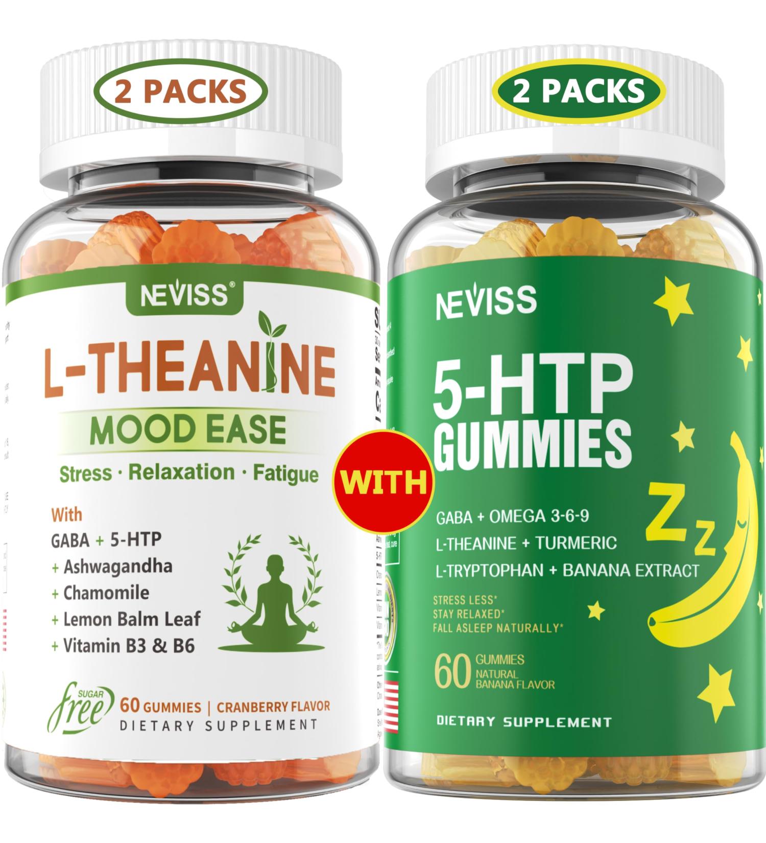 NEVISS Sugar Free L-Theanine Calm Gummies 120 Counts + Sugar Free 5-HTP Gummies 120 Counts - Buy Online on GoSupps.com