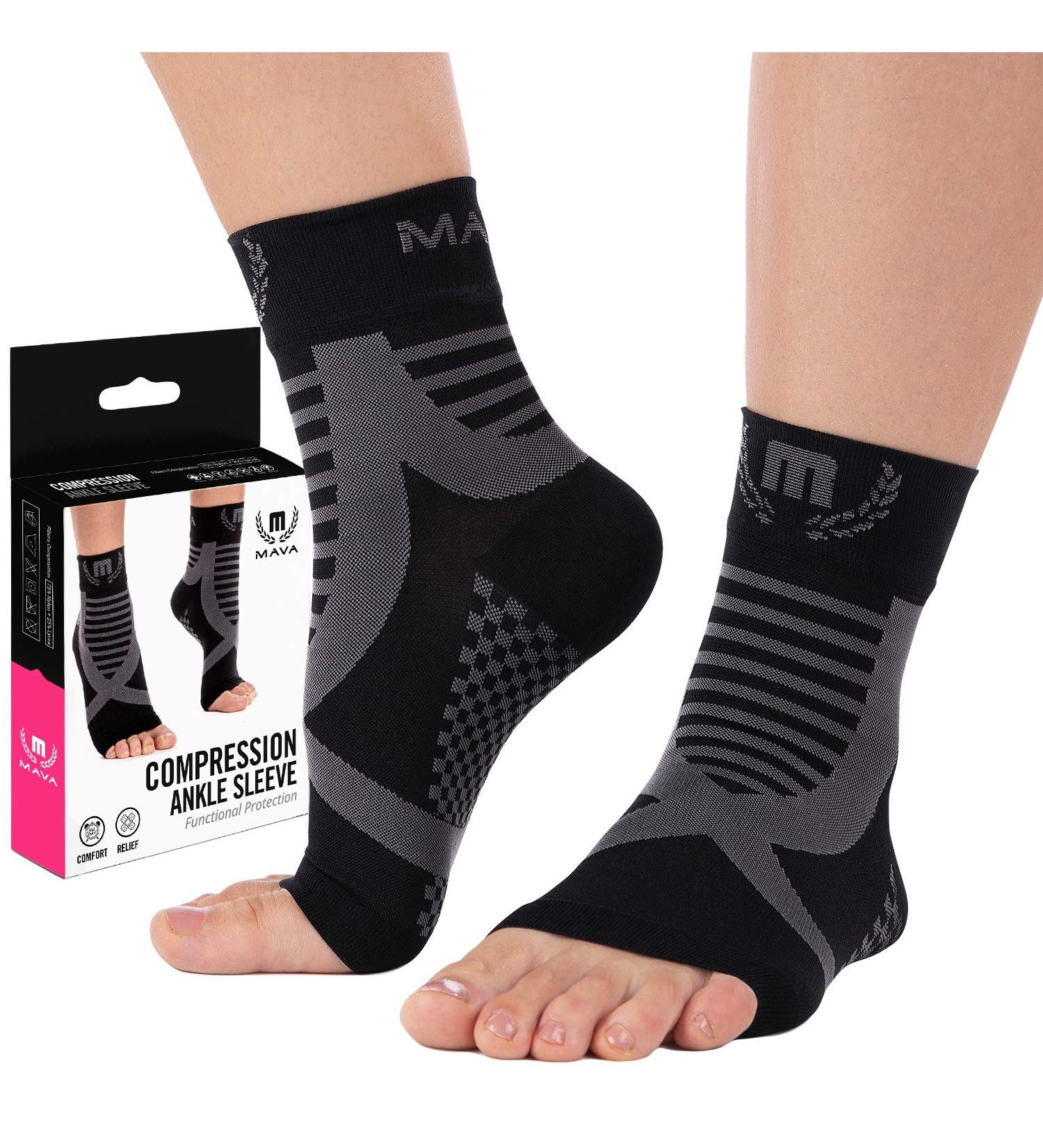 Mava Sports Ankle Brace Support Sleeves - Compression Socks for Plantar Fasciitis Achilles Tendonitis Relief Joint Pain & Sprained Ankle - S-M Black & Grey - Faster Injury Recovery for Walking & Running - Buy Online on GoSupps.com