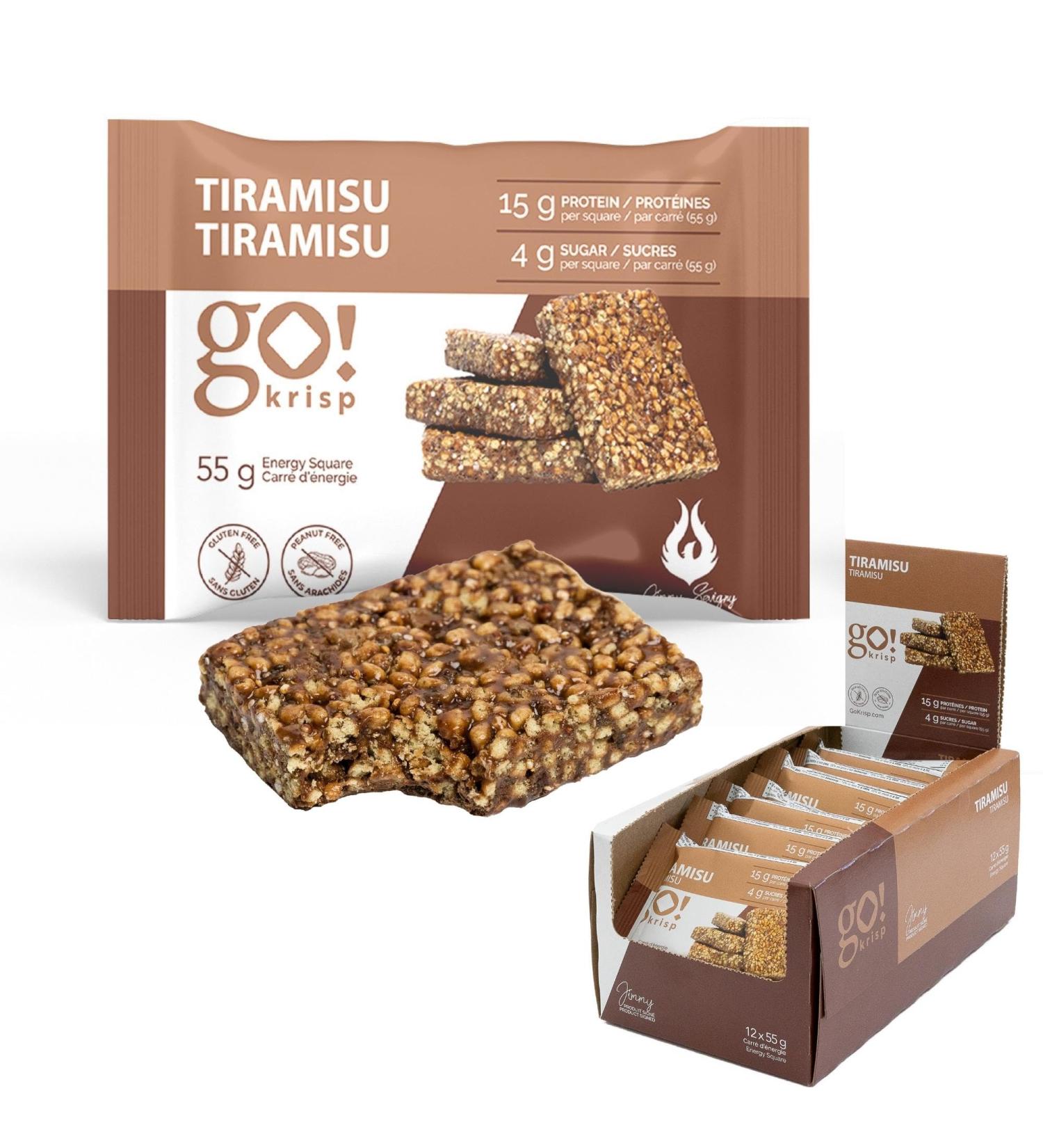 GoKrisp Energy Squares by Jimmy Sevigny High Protein (15g) Snack Tasty Tiramisu Flavor Healthy Snacks Peanut Free Gluten Free 12 Pack - Buy Online on GoSupps.com