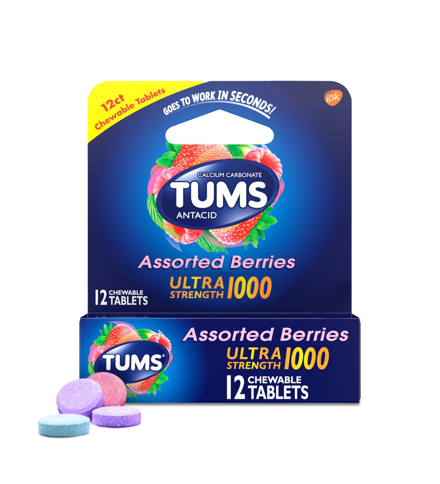 TUMS Ultra Strength Chewable Antacid Tablets for Heartburn Relief and Acid Indigestion Relief Assorted Berries - 12 Count - Buy Online on GoSupps.com