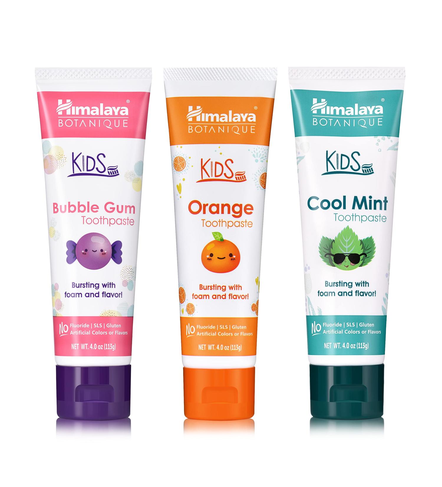 Himalaya Botanique Kids Toothpaste Variety Pack - Bubble Gum, Orange & Cool Mint Flavors - 4 oz 3 Pack - Reduce Plaque, Encourage Longer Brushing - Buy Online on GoSupps.com