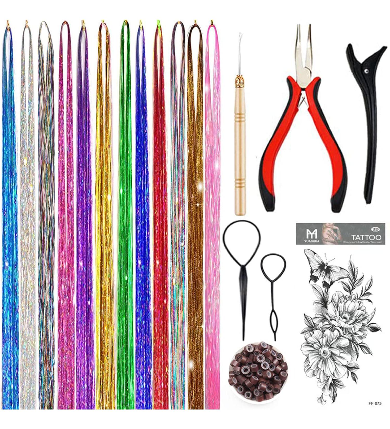 Fairy Hair Tinsel Kit - 2760 Strands, 12 Colors, Heat Resistant Glitter for Christmas Party - 48 Inch - Buy Online on GoSupps.com