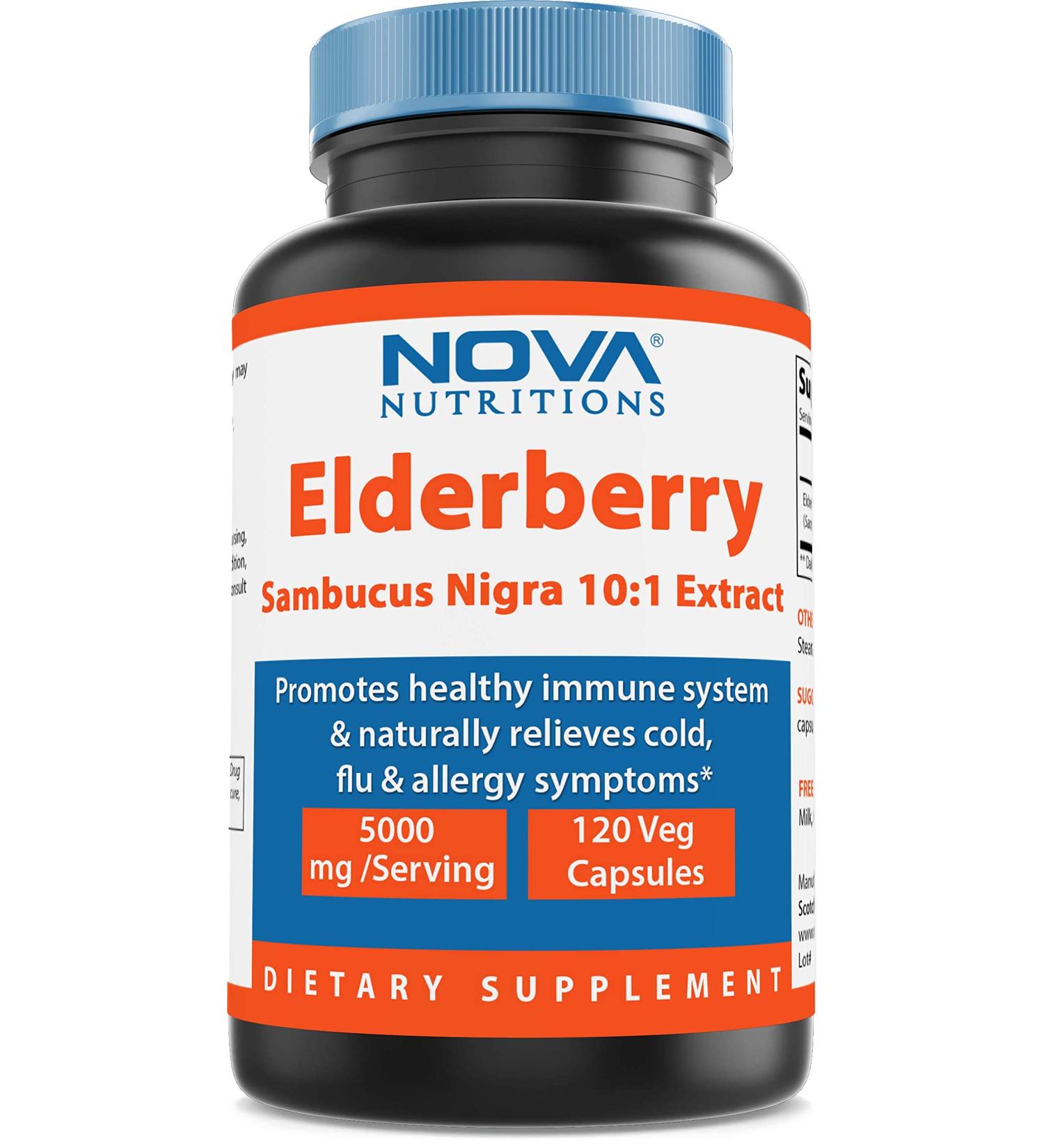 Nova Nutritions Elderberry Sambucus Nigra Extract 5000mg - 120 Veg Capsules, Cold flu & Allergy Relief, Immune Support - Buy Online on GoSupps.com