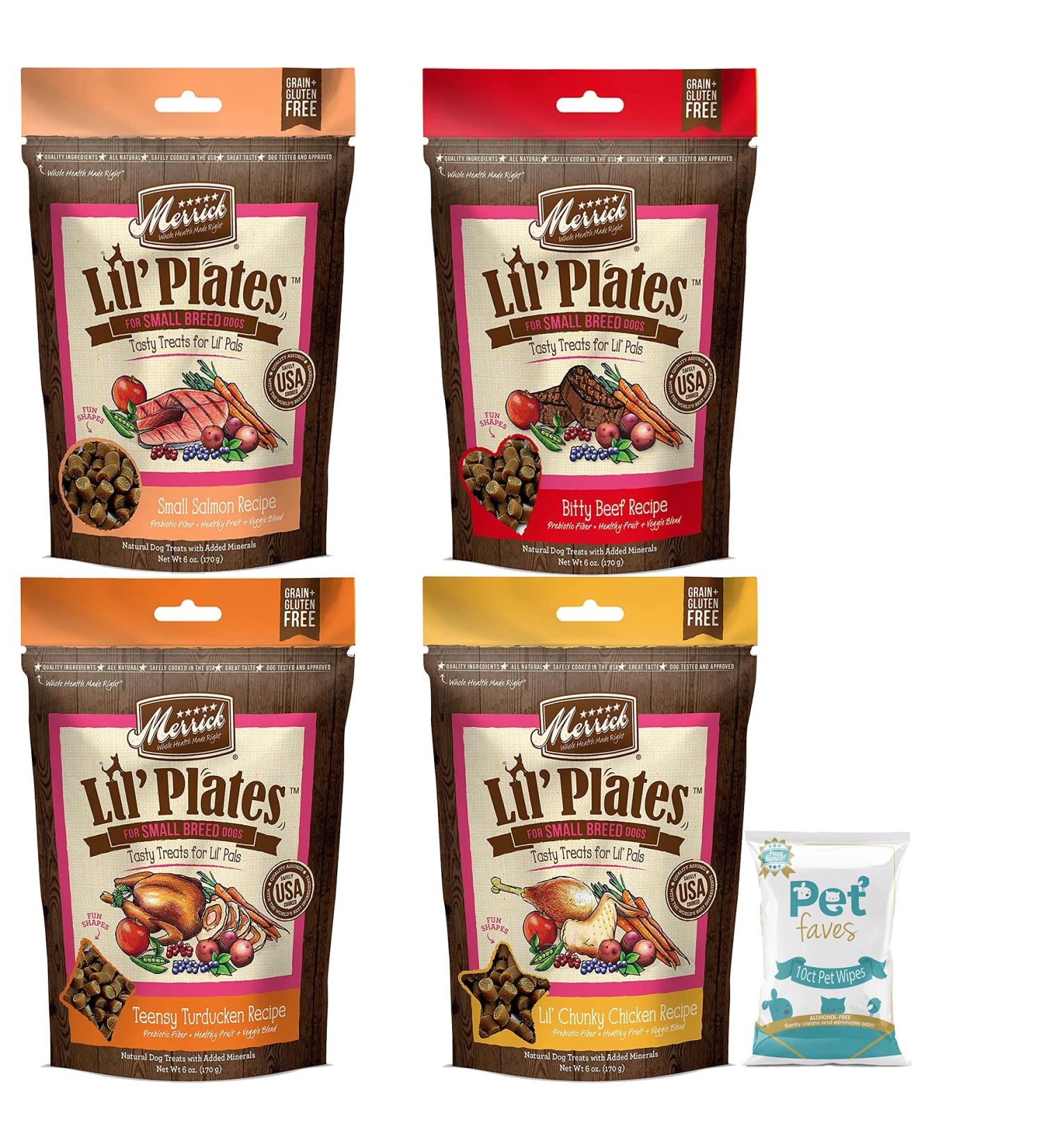 Merrick Lil Plates Small Breed Dog Treats Variety Pack (Salmon, Beef, Turducken, Chicken) + 10ct Pet Wipes - Buy Online on GoSupps.com