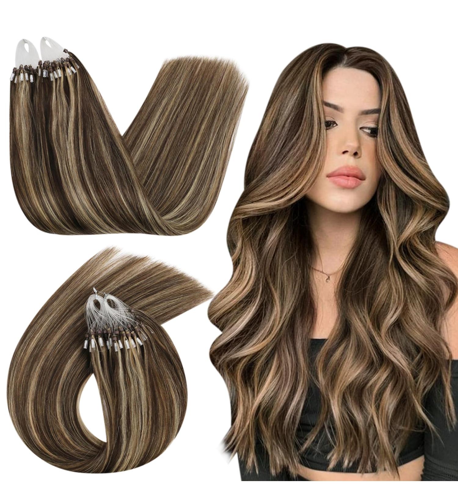 UGEAT Microring Extensions - Brown 45cm Real Hair | Chocolate Brown & Caramel Blonde | 50g 50 Strands - Premium Quality Microring #4/27 - Buy Online on GoSupps.com