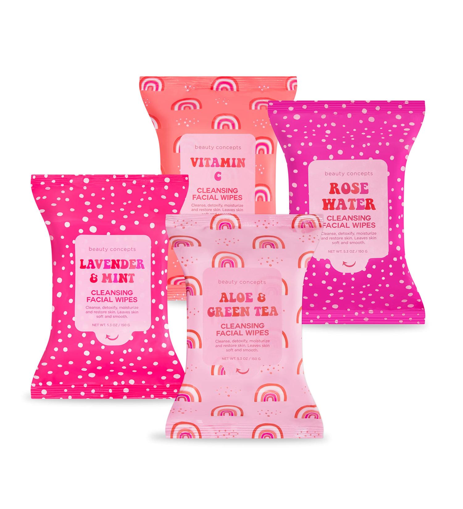 Beauty Concepts Facial Wipe Set - 4 Packs of Makeup Removing Wipes with Aloe, Green Tea, Vitamin C, Lavender, Mint - Soft & Hydrating - Buy Online on GoSupps.com