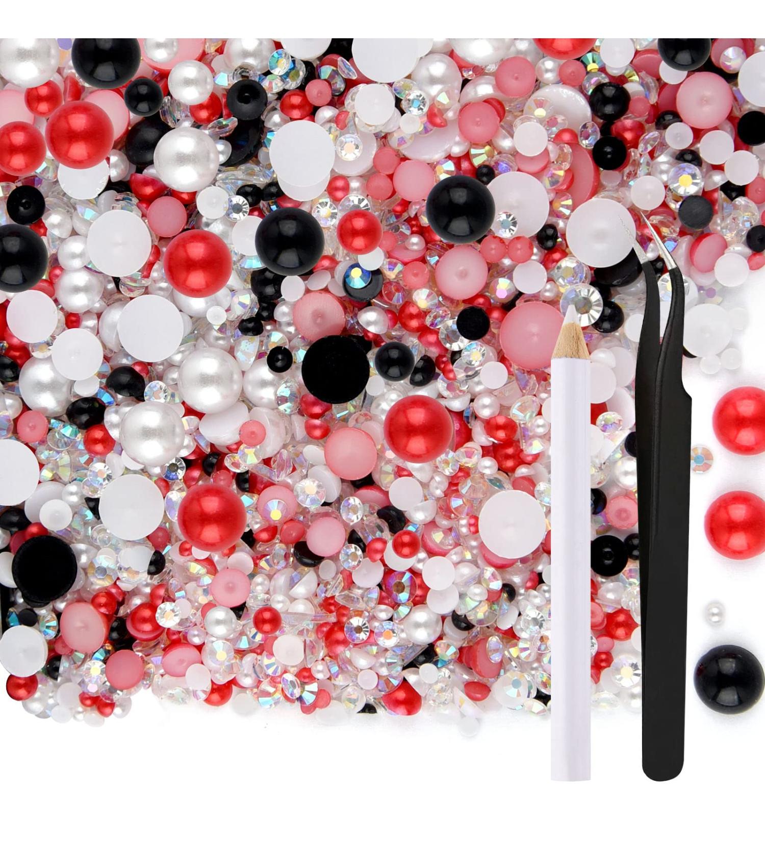 Astaron 50g Mix Half Pearls & Glitter Stones 3mm-10mm Flatback Pearls & Rhinestones for Nail Face & DIY Crafts | Red Black Series - Buy Online on GoSupps.com