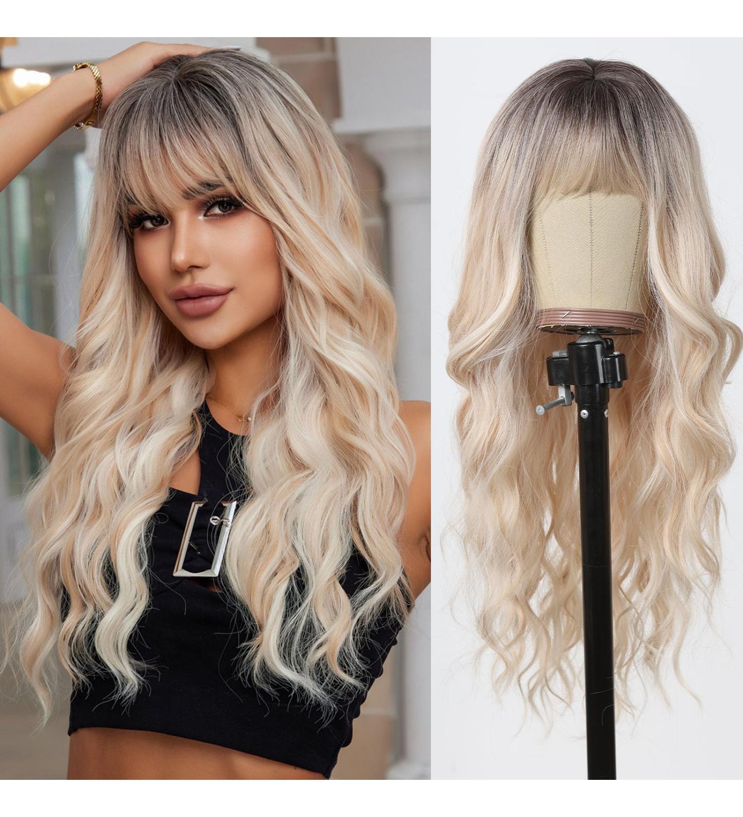 Shop Allbell Ombre Blonde Wigs with Bangs - Long Wavy Synthetic Hair for Women | International Shipping Available - Buy Online on GoSupps.com