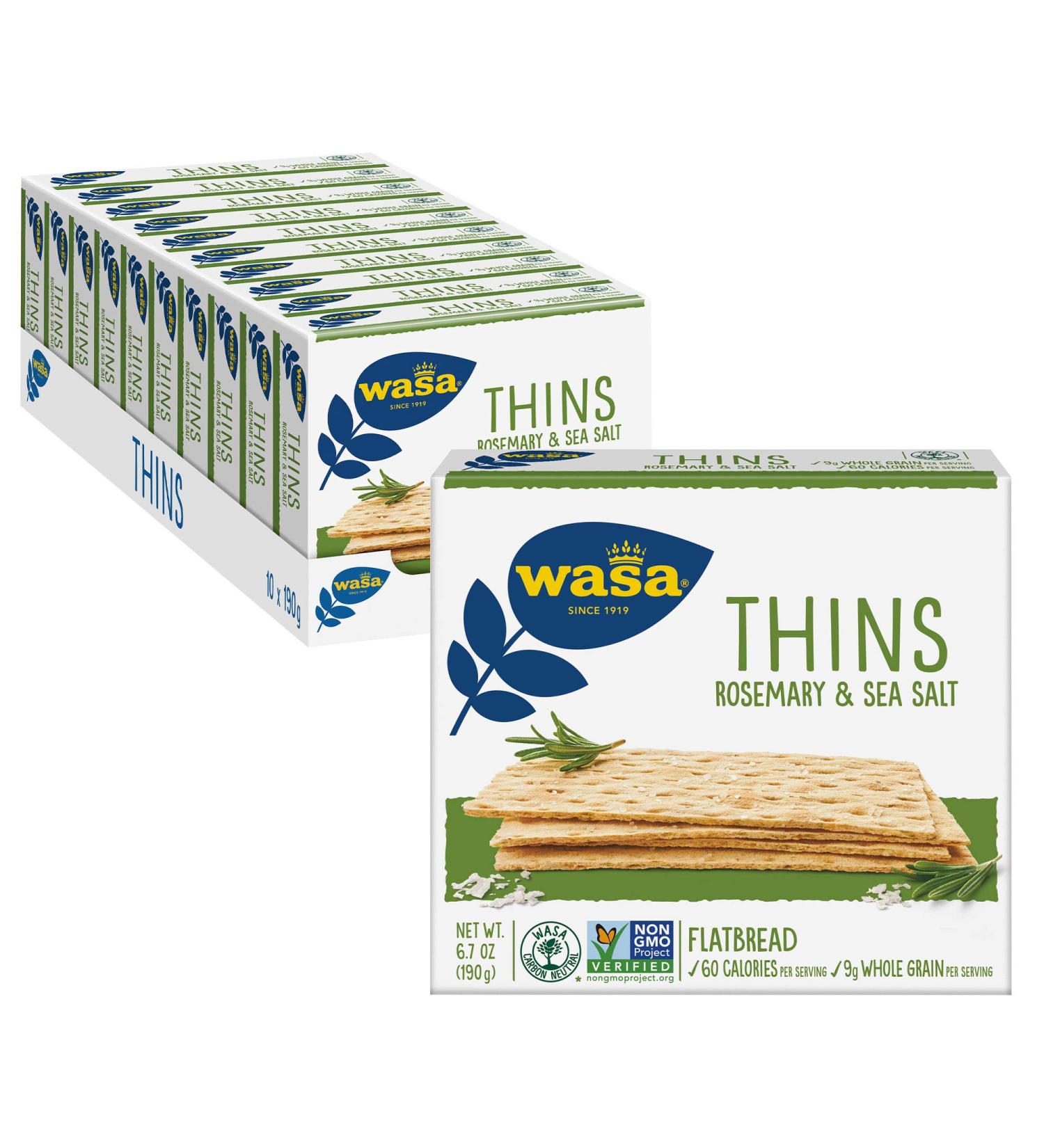WASA THINS Rosemary & Sea Salt Flatbread Crackers 6.7oz - Pack of 10 | Non-GMO, Low-Fat, No Cholesterol - Buy Online on GoSupps.com