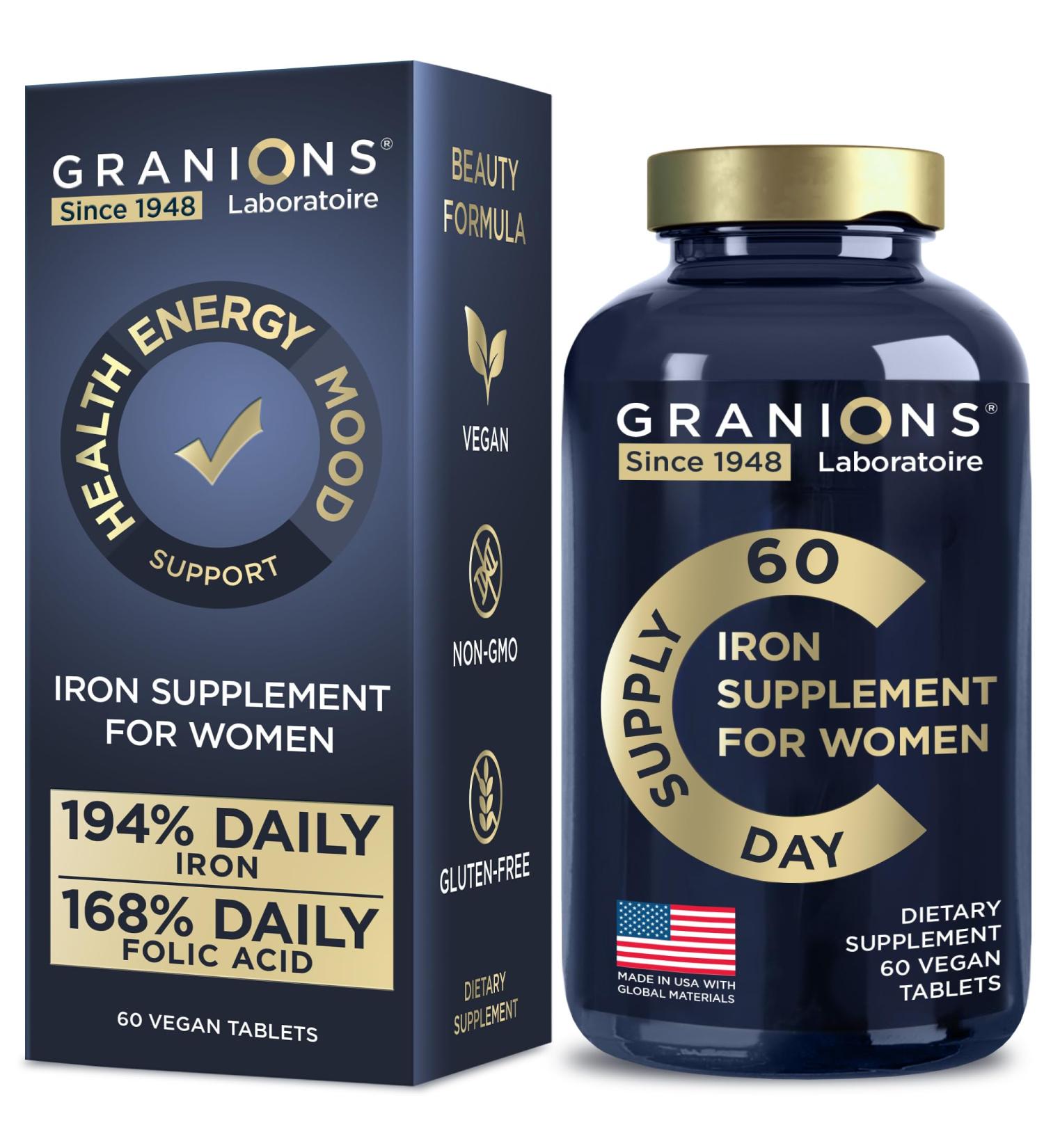Granions Vegan Iron Supplements for Women - 194% Daily Womens Iron Supplement for Pregnancy and Anemia Folic Acid Prenatal Vitamins - 168% Folate Folic Acid - 60 Tablets - Buy Online on GoSupps.com