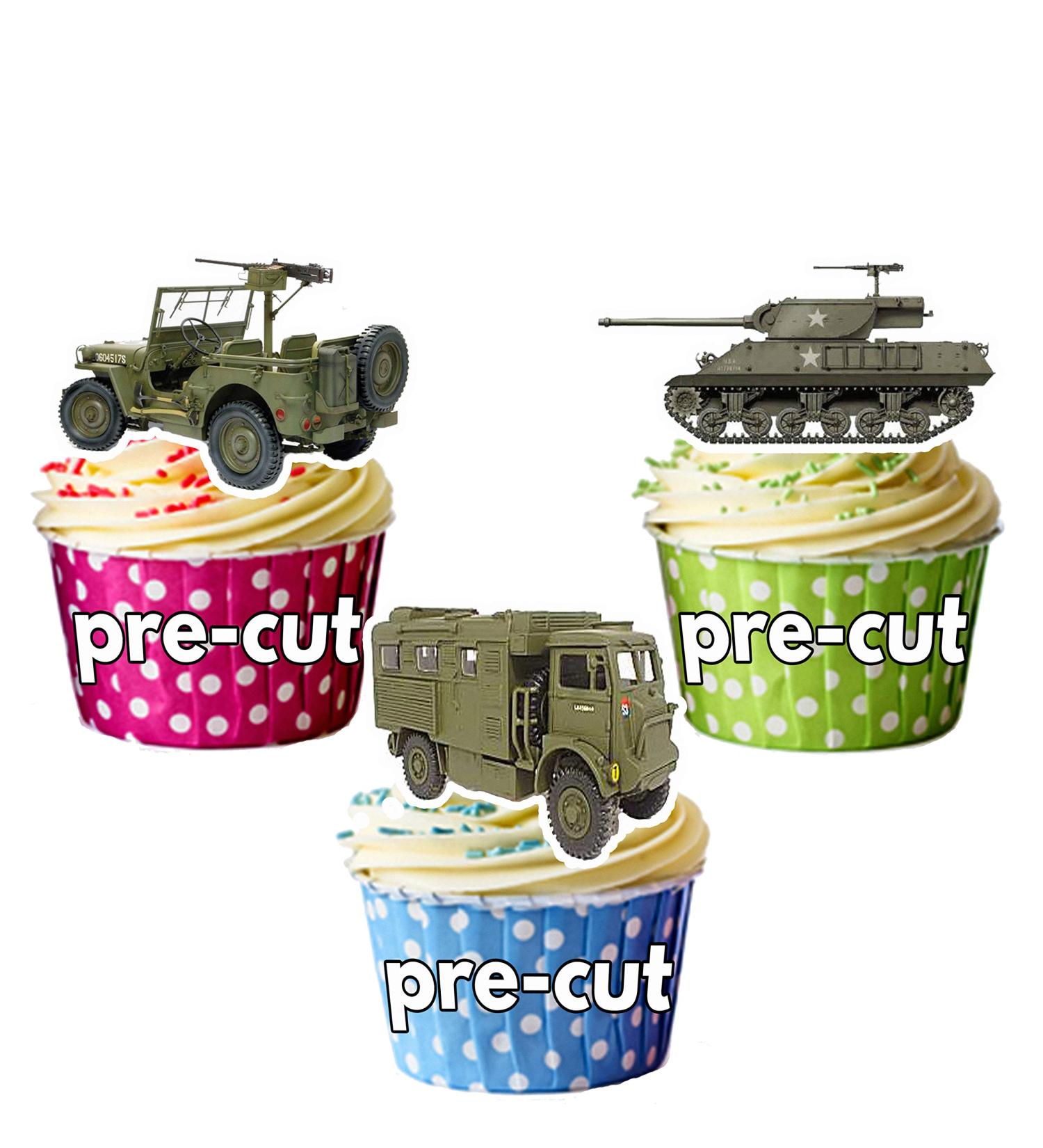 PRECUT Army Military Vehicles Tank Lorry Jeep Mix Cake Decorations - 12 Edible Wafer Cup Cake Toppers