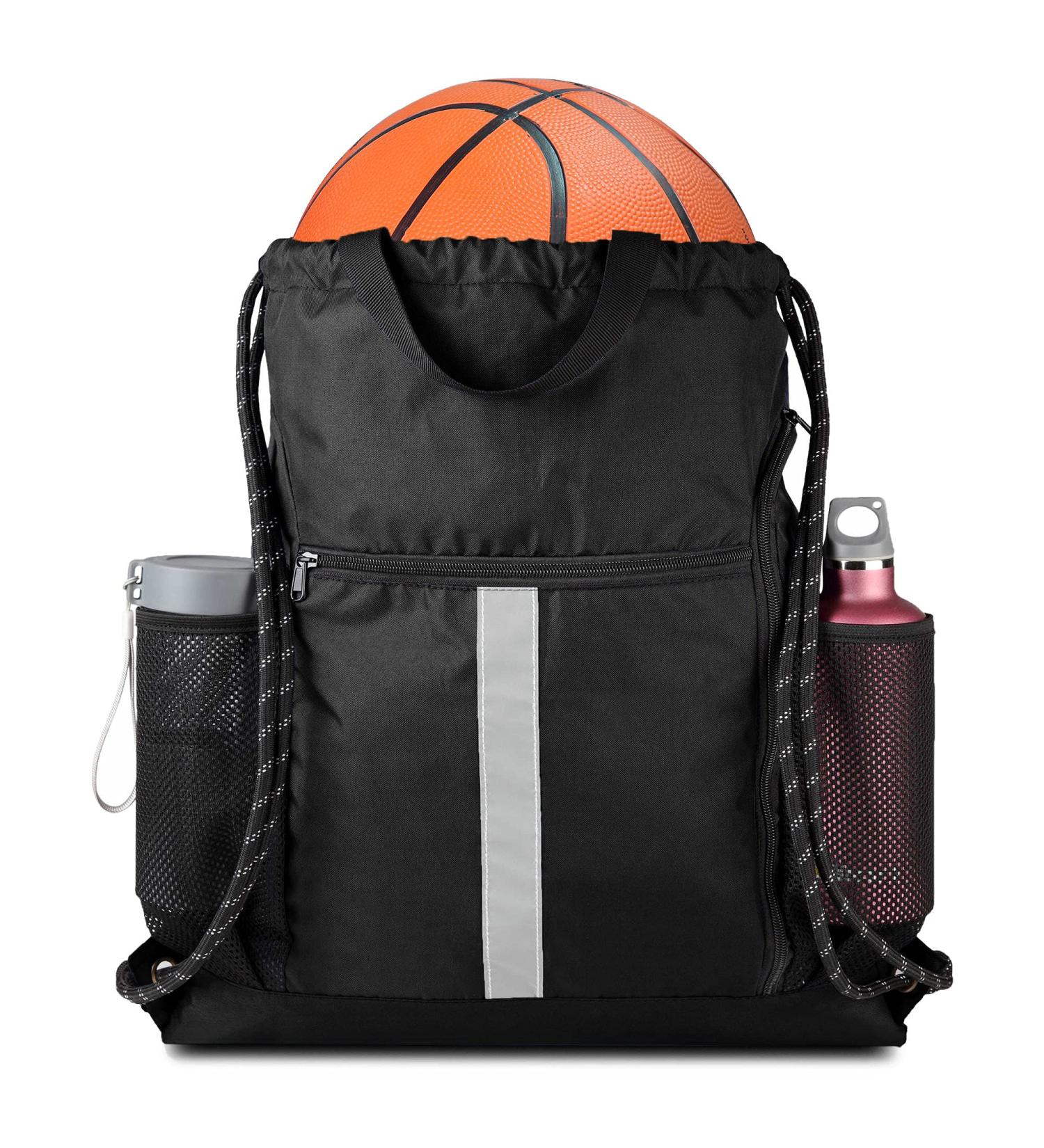 Drawstring Backpack Sports Gym Bag With Shoe Compartment and Two Water Bottle Holder Black 16" x 19.5" - Buy Online on GoSupps.com