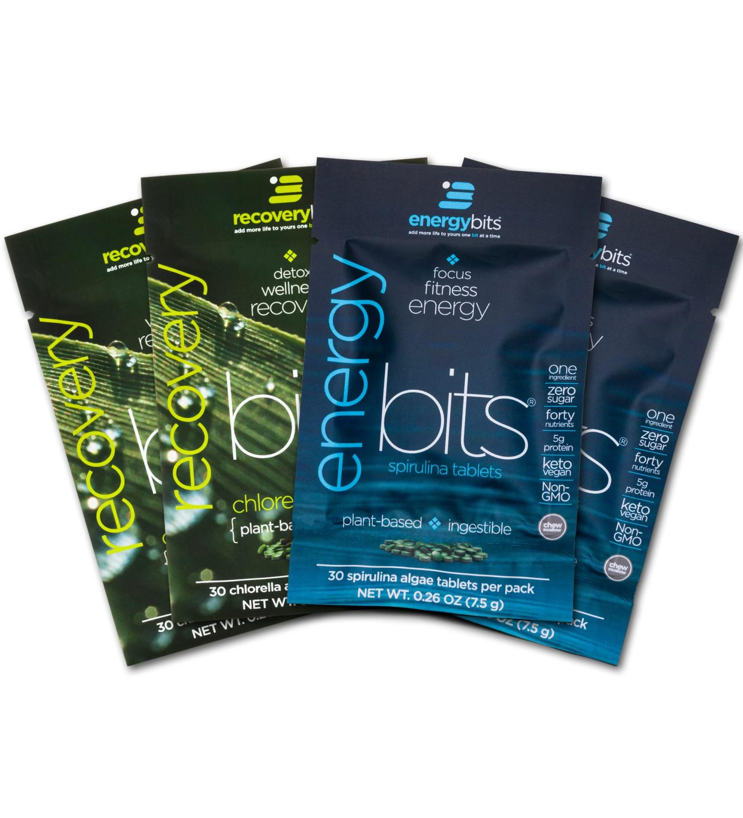 ENERGYbits Spirulina and RECOVERYbits Chlorella Tablets - Pack of 4 Single Servings (7500mg per Serving  2 Servings of Each Brand) - Keto  Vegan  Superfood - Buy Online on GoSupps.com