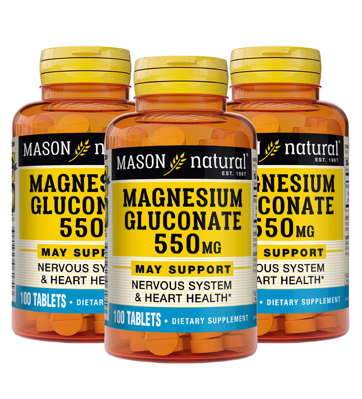 Mason Natural Magnesium Gluconate 550mg - Supports Heart Health & Nervous System, Muscle Function & Blood Pressure - 100 Tablets x 3 Pack - Buy Online on GoSupps.com