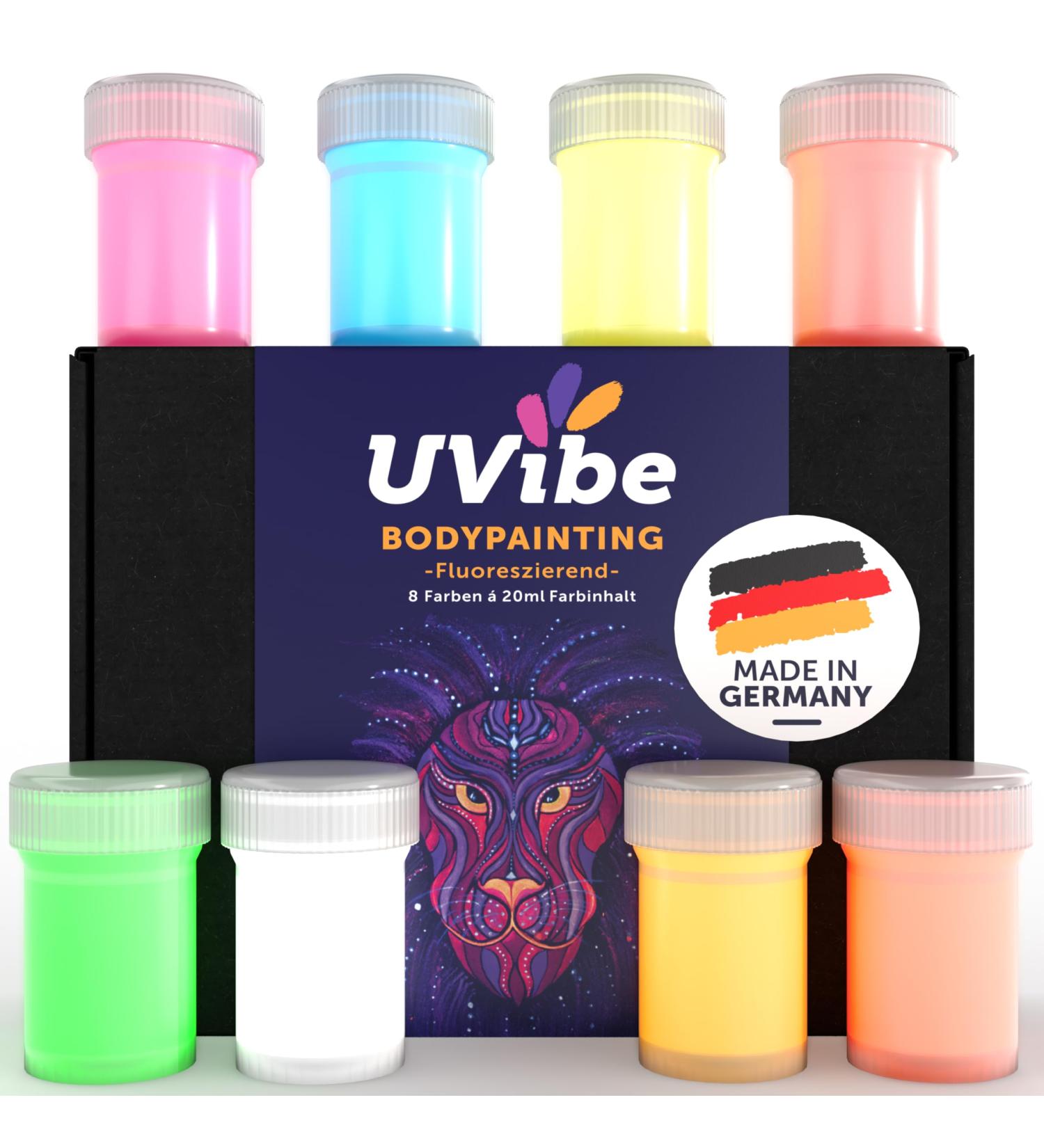 UVibe Body Painting Colors - 8x Neon UV Makeup for Skin & Face - Black Light Body Paint Made in Germany - Vibrant Day & Night Colors - Buy Online on GoSupps.com